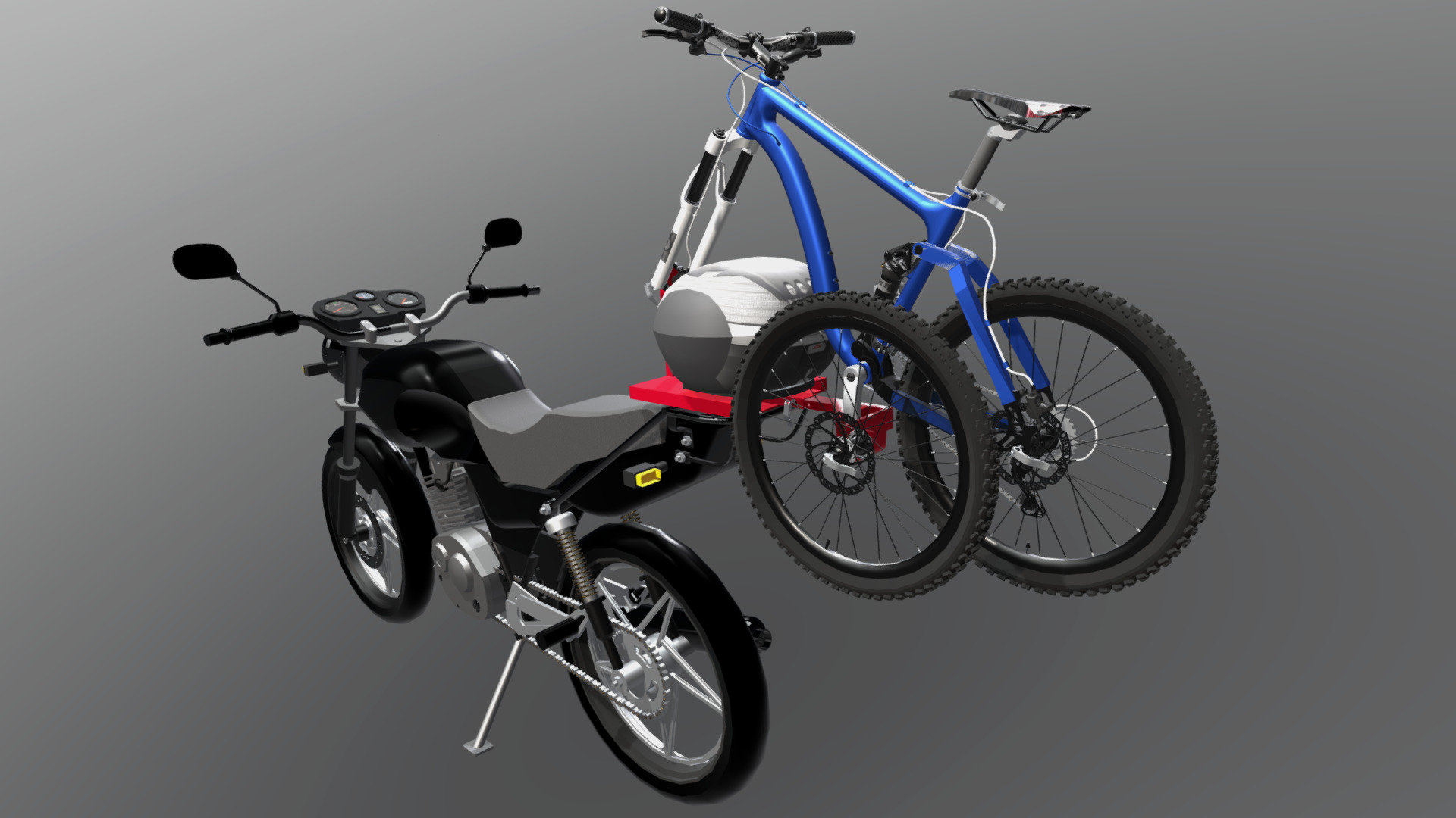 Mountain bike carrier prototype for motorcycles to be locally manufactured for Latin-America use. It is adjustable for all mountain bikes sizes even for lefty models and it can be mounted in almost all motorcycles models using their own sub-frames even using a luggage top racks - Mountain Bike Carrier for Motorcycles - 3D model by jhonmont 3d model