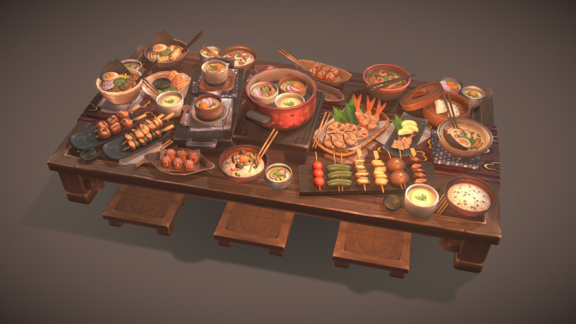 Japanese food - Pack02

Hello! Welcome to the most complete stylized Japanese food pack in the entire internet. This Pack02 is part of a big set, the next ones are in production now, please take a look at
the existing packs:

Pack01: https://sketchfab.com/3d-models/sushis-b1e4fd2066a745f5ae32a0dc2c9f7d50

With the most common Japanese Food you will be able to make delicious dishes. They are modular, all the ingredients are separated,
for example, to make a tonkotsu ramen you will need the ramen, bowl, pork meat, and the toppings you choose. They are fully hand-painted!

The kit include 158 items totally unique. They share three materials and three diffuse textures in 2048 or 1024.

Kit content: 

-28 Ramen 
-22 Tempura
-10 Gyoza
-09 Takoyaki

-35 Chawanmushi
-10 Maze Gohan
-12 Kare-Raisu
-09 Yakitori

Thank you for taking a look! - JapaneseFood pack02_Sketchfab - Buy Royalty Free 3D model by Brushzim 3d model