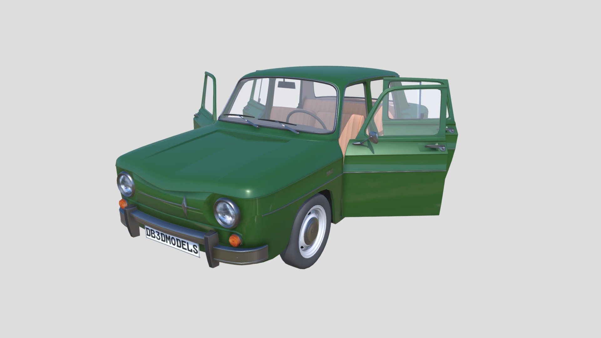 Highly detailed Renault 8 with a detailed interior 3d model rendered with Cycles in Blender, as per seen on attached images. 
The 3d model is scaled to original size in Blender.

File formats:
-.blend, rendered with cycles, as seen in the images;
-.blend, open, rendered with cycles, as seen in the images;
-.obj, with materials applied;
-.obj, open, with materials applied;
-.dae, with materials applied;
-.dae, open, with materials applied;
-.fbx, with materials applied;
-.fbx, open, with materials applied;
-.stl;
-.stl, open;

Files come named appropriately and split by file format.

3D Software:
The 3D model was originally created in Blender 2.8 and rendered with Cycles.

Materials and textures:
The models have materials applied in all formats, and are ready to import and render.
The models come with two png textures, one for the car lights, interior details, and one for the number plates.

General:
The models are built mostly out of quads and are subdivisable 3d model