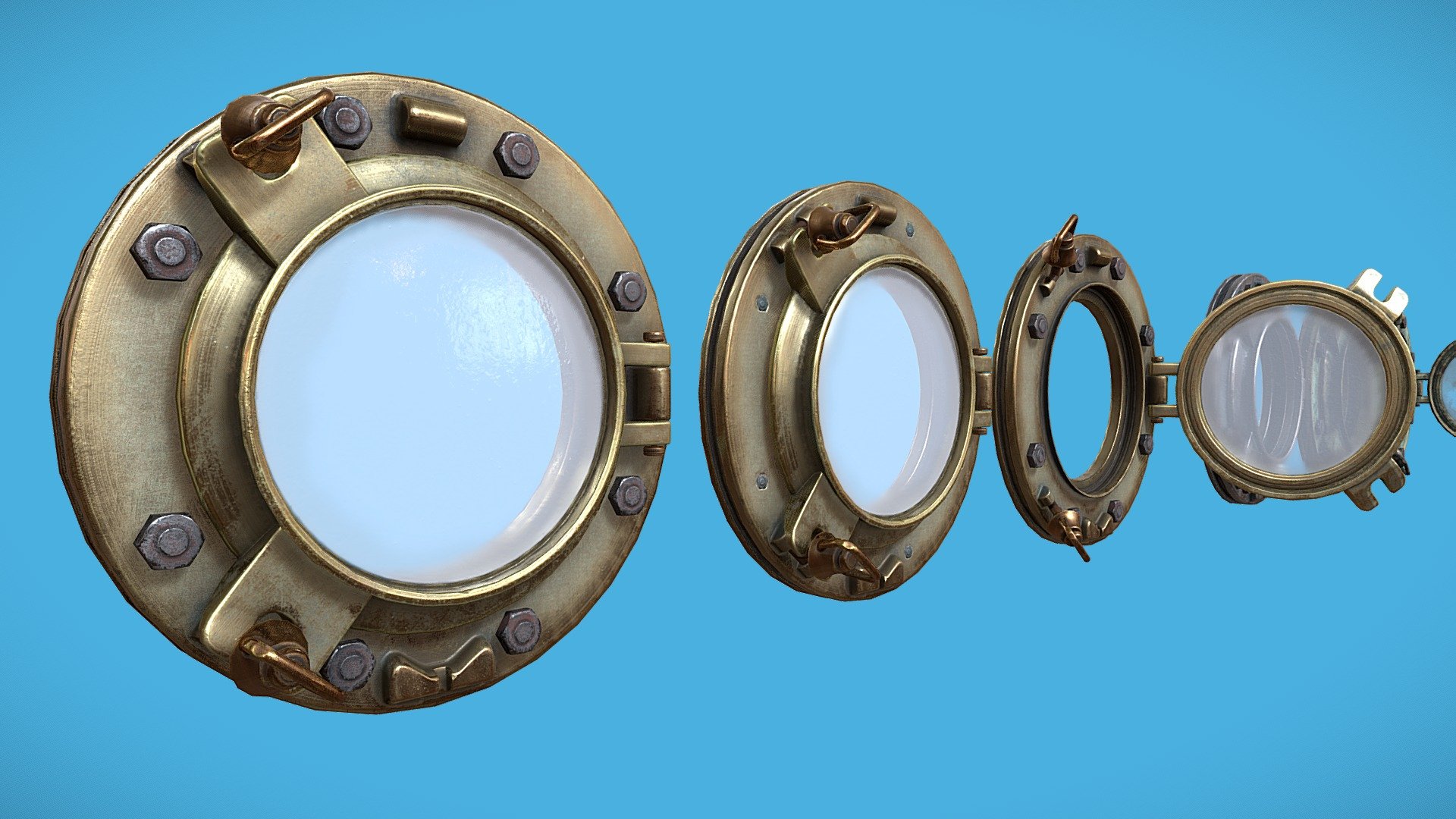 Vintage Ocean-Liner Ship Portholes in open and closed configurations and three texture variations including Brass, Steel and Corroding Brass 3d model