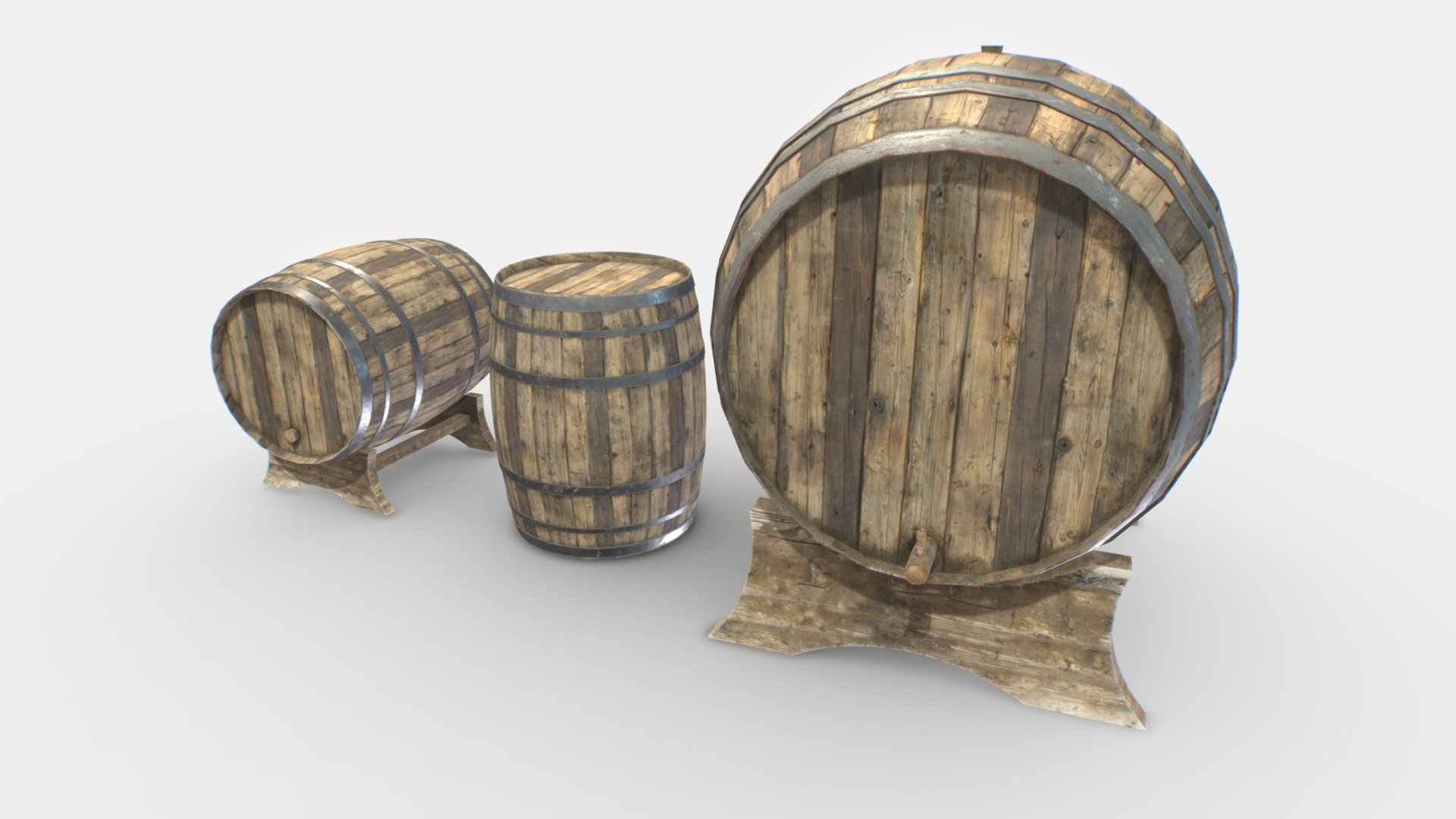 2 wooden barrels based in realistic ones and with 3 pieces, 2 barrels and 1 support.

Comes with PBR 4096pix textures including Albedo, Normal, Roughness, Metalness, AO.

2 texture sets, for big barrel/support and small barrel. TGA textures

Suitable for basements, dungeons, medieval scenes, cellars, etc..

Realistic scale 3d model