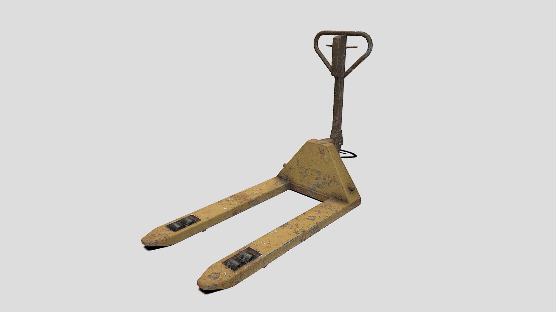 Pallet jack 3d model rendered with Cycles in Blender, as per seen on attached images. 
The model is scaled to real-life scale.

File formats:
-.blend, rendered with cycles, as seen in the images;
-.fbx, with materials applied;
-.obj, with materials applied;
-.dae, with materials applied;
-.stl;

Files come named appropriately and split by file format.

3D Software:
The 3D model was originally created in Blender 3.1 and rendered with Cycles.

Materials and textures:
The models have materials applied in all formats, and are ready to import and render.
Materials are image based using PBR, the model comes with one set of five 2k png image textures, 5 textures in total.

General:
The models are built mostly out of quads.

For any problems please feel free to contact me.

Don't forget to rate and enjoy! - Pallet Jack V2 - Buy Royalty Free 3D model by dragosburian 3d model