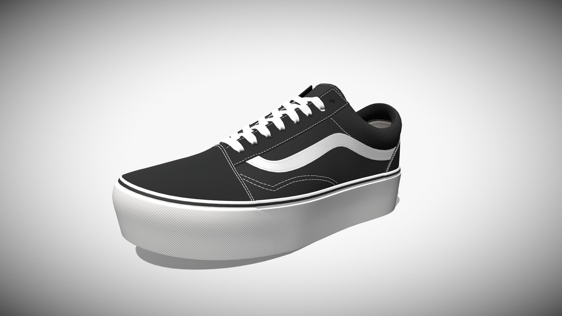 Detailed 3D model of a pair of Black And White Vans Old Skool Stackform sneakers, modeled in Cinema 4D. The model was created using approximate real world dimensions.

The model has 292,224 polys and 307,276 vertices.

An additional file has been provided containing the original Cinema 4D project file with both standard and v-ray materials, textures and other 3d format such as 3ds, fbx and obj. These files contain both the left and right pair of the shoes 3d model