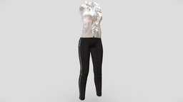 Female Leggings And Sleeveless Top Outfit modern, white, front, standing, fashion, girls, top, semi, clothes, pants, summer, collar, realistic, real, womens, outfit, wear, formal, combination, ruffles, leggings, sleeveless, ensemble, pbr, low, poly, female, black, thight
