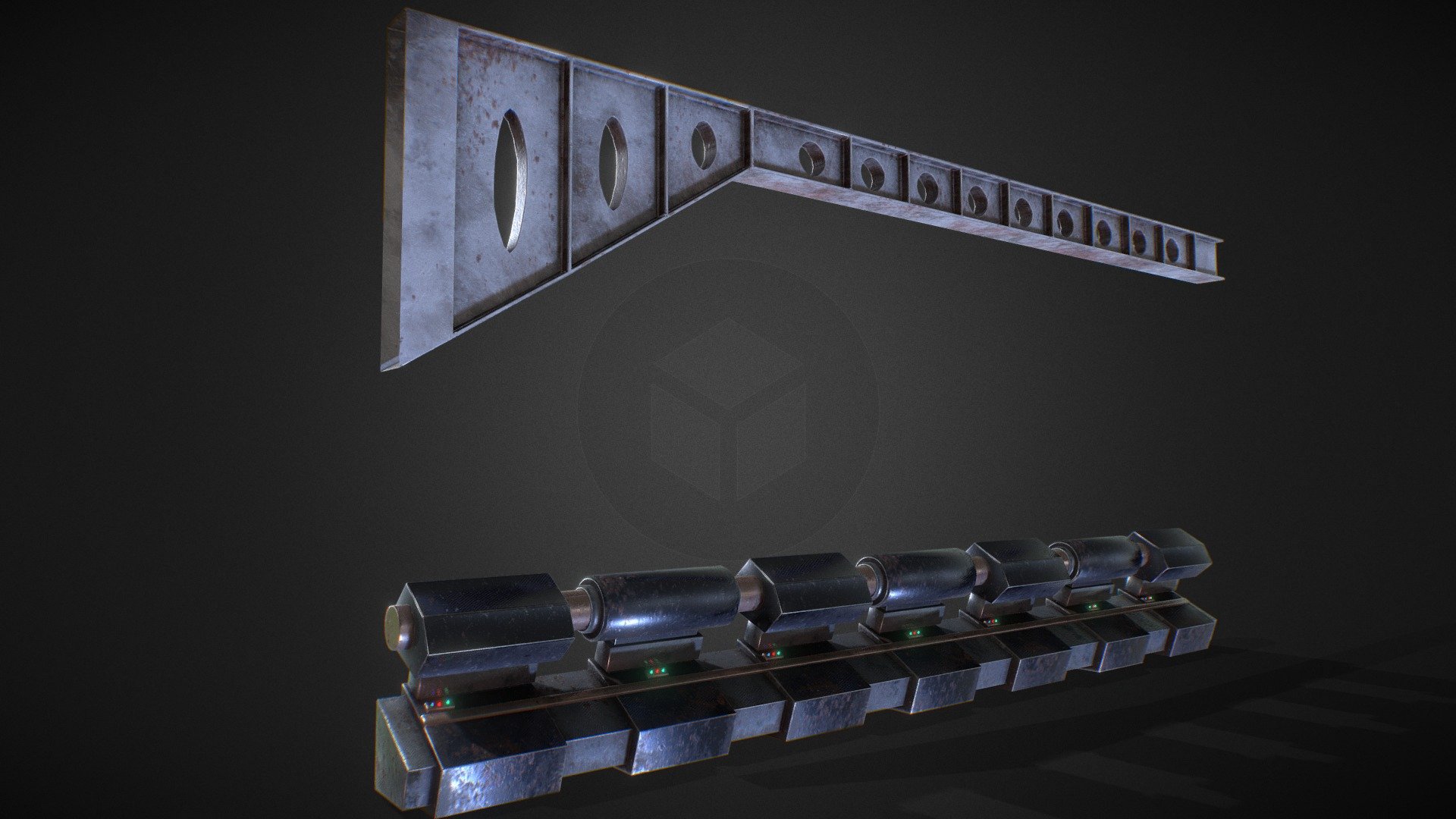 Hydraulic Machine: LOD0: 2938 tris (1729 verts) and LOD1 942 tris (687 verts)




UV mapping Ch1 (some overlaping for symmetry or part repeated) and Ch2 (No overlapping)

Materials: 1




Main Beam: 1,938 tris (954 verts) 




UV mapping Ch1 (some overlaping for symmetry or part repeated) and Ch2 (No overlapping) 

Materials: 1



All meshes have PBR textures with Albedo, roughness, metallic, Ambient Occlusion, height, emissive (if required) and Normal Map.
Also contains the followings textures: Opacity mask (if required), Diffuse, Glossiness, Specular 3d model