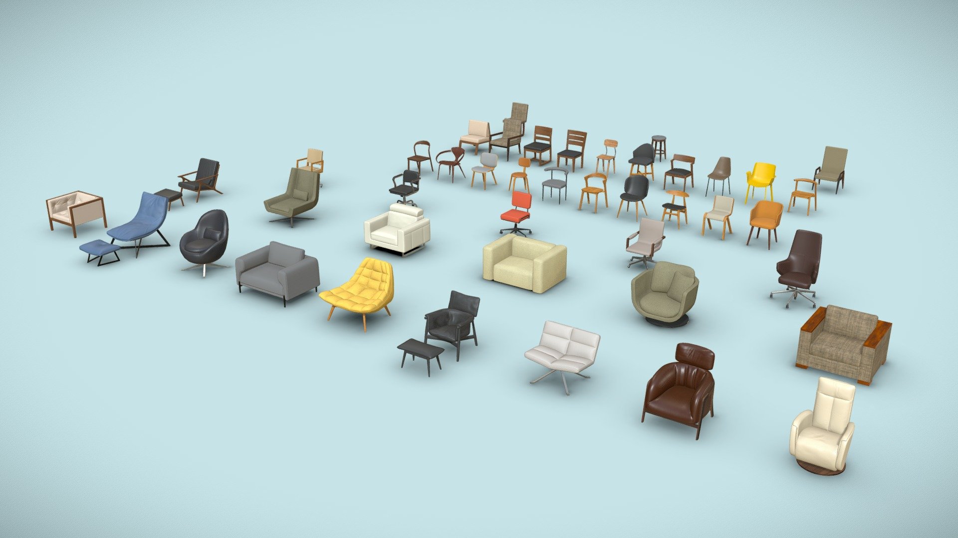 This comprehensive collection of chairs includes 46 models made to fit any game or archviz project you may have in mind.

All of the models have a relatively low triangle count, with the highest being 5,620.

All included models have a separate lightmap UV channel.

Be sure to check out my other models!  →→ https://sketchfab.com/manifoldassets - Modern Chair Pack - Buy Royalty Free 3D model by Manifold Assets (@manifoldassets) 3d model