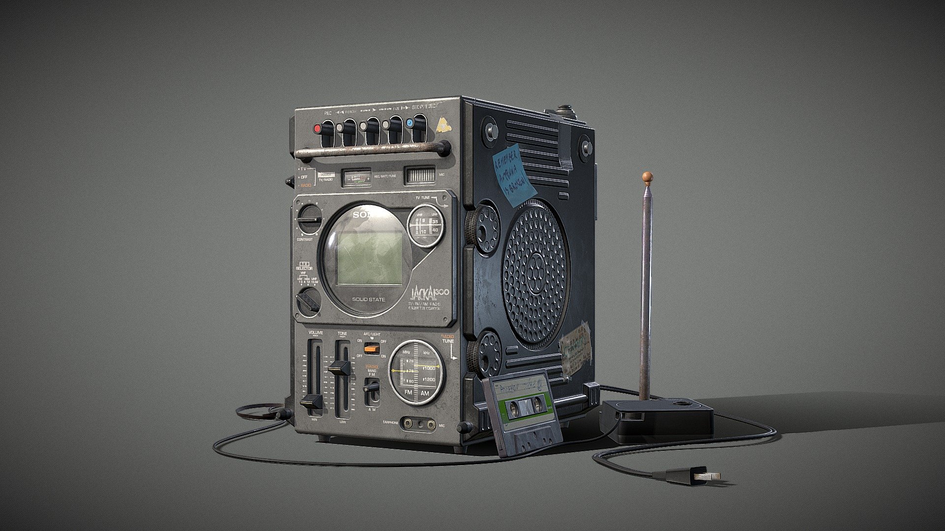 Made for my final GAP exam at Howest Dae, we had to model a prop that could be found in a mercenary hideout. I decided to model a Sony FX-300 Jackal, a multi-functional portable tv made in 1978. It was an equally fun and challenging project, in my mind it has been in the mercenary's possession for a while and he recently decided to pick it up again and reminish about past memories 3d model