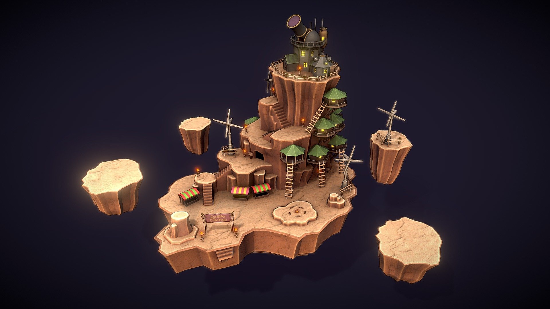 Fan-art from the game Final Fantasy 7!! This is the Cosmo Canyon, one of the cities that can be visited through the game. It was a comission where I was asked to made an stylized and simplified version of the place, and this is how it turned out!

I decided to push the limit of Sketchfab's capabilities, and added a day-night cycle to the scene. It was a bit tricky, as lamps can't be animated, at least for now. But I think this works quite nicely. I hope you like it! :D

Made with Blender 2.8, Marmoset Toolbag (baking) and Substance Painter. Music from the original game.

(Play this music in the background to get into the scene's mood! https://www.youtube.com/watch?v=io6H-FrK_d0) - Cosmo Canyon - FFVII (Day-Night Cycle) - 3D model by Ivanix88 3d model