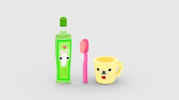 Cartoon toothpaste bathroom, kids, household, wash, children, clean, tooth, items, toothpaste, toothbrush, lowpolymodel, handpainted, cup, gargle