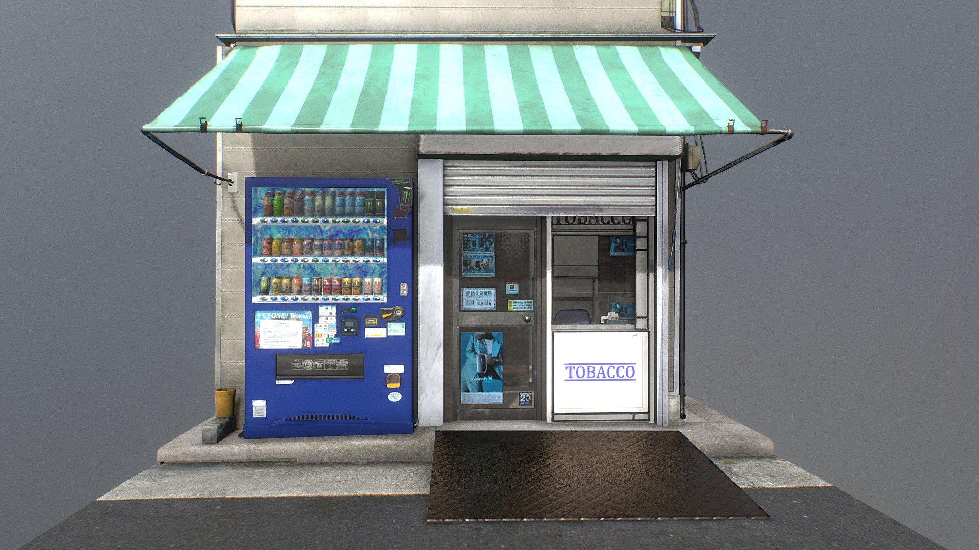 For the best experience, please enable high-quality textures in the Sketchfab viewer.

Youtube timelapse of the making: https://youtu.be/vz__LXk54yU

I created a 3D model of a quaint, little tobacco shop I came across in Tokyo, Japan. Even though it was closed, its unique character and the vending machine outside piqued my interest. Using Blender and high-resolution textures from 2K to 8K, I aimed for a photorealistic style to recreate this charming piece of Japanese city life 3d model