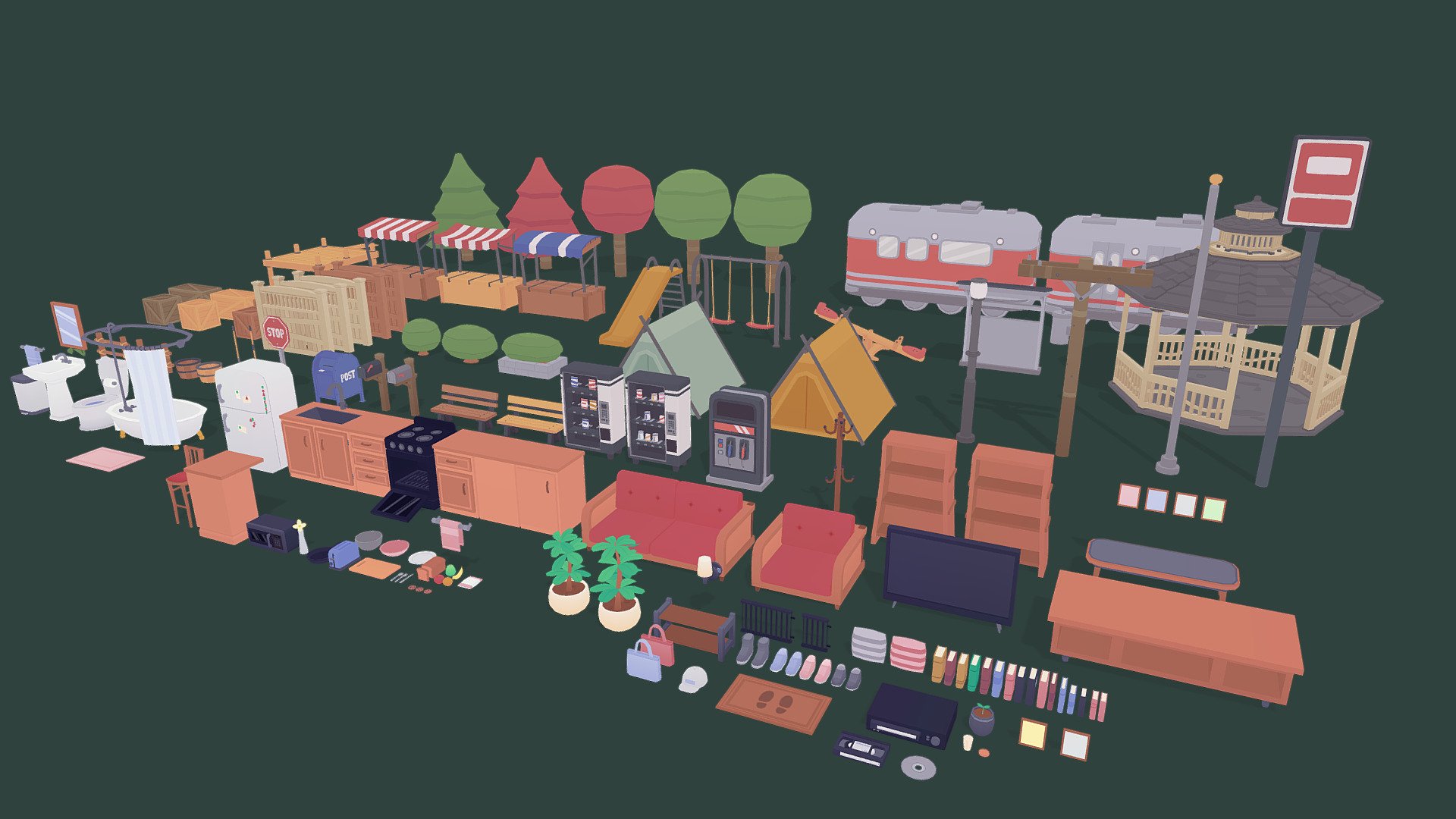 An assortment of props that could be found inside a house or outside in a small town.

Mostly textured with gradients. Created in Blender 3d model