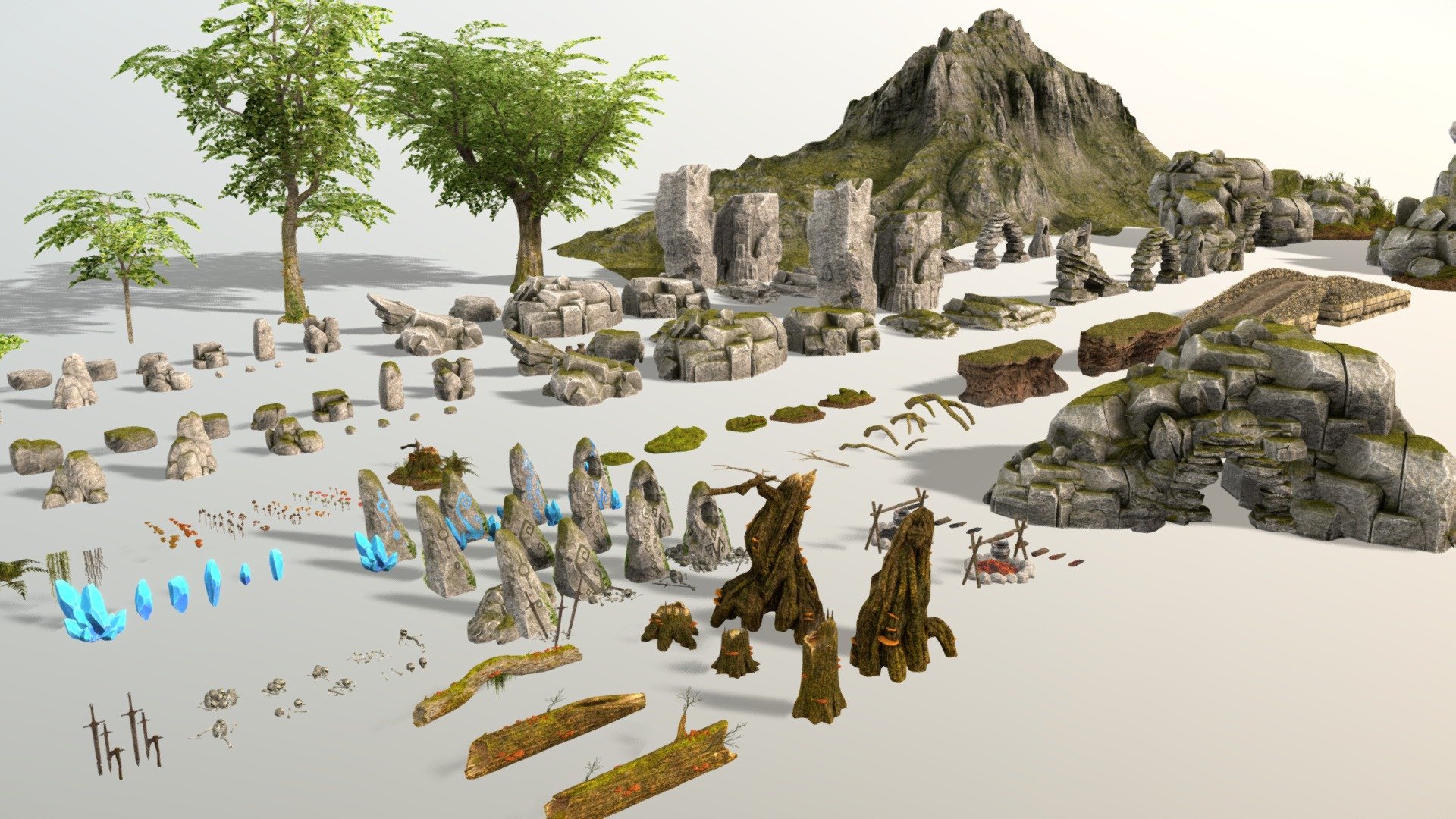 Pixel Art Nature pack

Hello! I hope you will like the package in pixel art style. It contains a lot of environment and nature models that are great for medieval/fantasy games. All created in blender, zbrush, substance painter and designer.
Models:
-Mountain
-Birch trees
-Beech trees
-Oak Trees
-Bushes
-A lot of rocks
-Bridge
-Caves entrances
-Cliffs
-Ferns
-Ivy
-Moss
-Mushrooms
-Runestones
-Stumps
-Fireplaces
-Vases
-Bones
-Old Weapons
-Roots &amp; Branches
-Terrain Parts
-Hanging Plants

Includes:
-fbx/blend files
-some models have LODs
-240 models or complex compositions
-50 texture sets for PBR, Unity HDRP and Unreal 4 

if you like the package and would like to see more models in this style, let me know in the comment! ^^

*you need to set the texture filter to the nearest or point - Pixel Art Nature pack - Buy Royalty Free 3D model by Avgust9 3d model