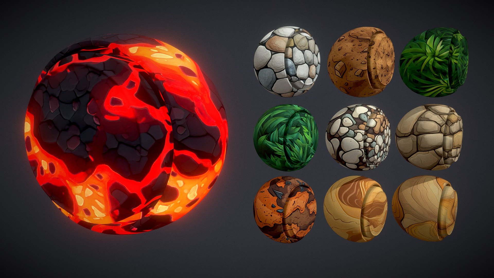 Link to Youtube

free material pack consisting of 10 stylized PBR materials for creating visually stunning 3D environments. This pack includes cobblestone, dirt, foliage, grass, gravel, lava, ore, sand, sandstone, and stone wall materials, all seamlessly tileable at 2048 resolution. Enhance the realism and appeal of your virtual projects with the included roughness, normal, ambient occlusion, displacement, and emission maps 3d model