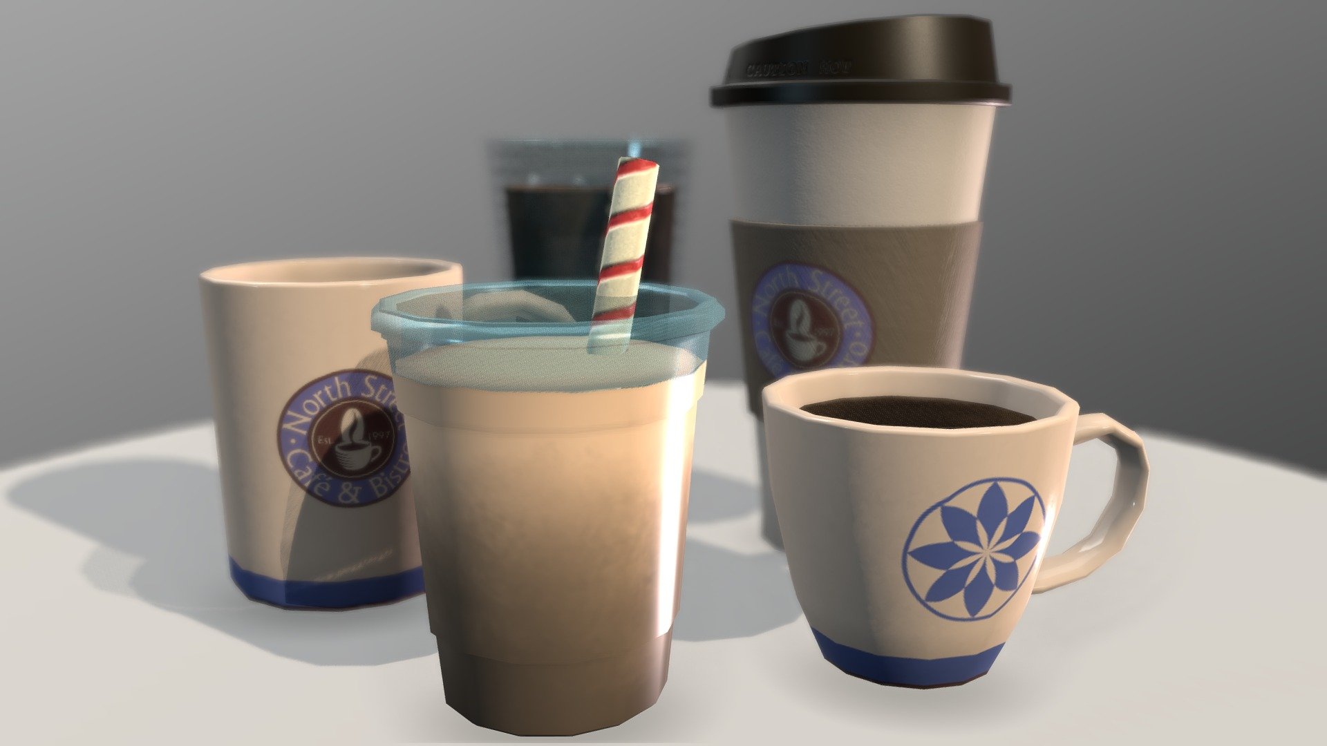 Coffee cup model pack including variations on the cups and drinks and swappable pieces. Features a disposable cup, plastic boba cup with frozen drink variation, glass cup, coffee mug, coffee cup, swappable textures, and a whipped swirl.

The North Street Coffee Co. branding is designed by myself and a royalty free generic coffee branding 3d model