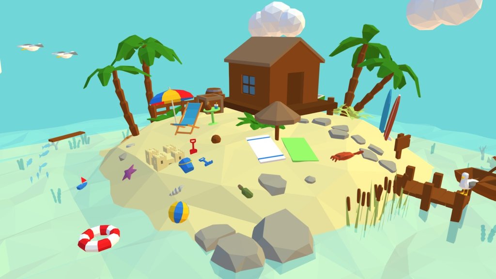A scene with my low poly beach assets - Beach Demo - 3D model by Fi Silva (@fisilva) 3d model