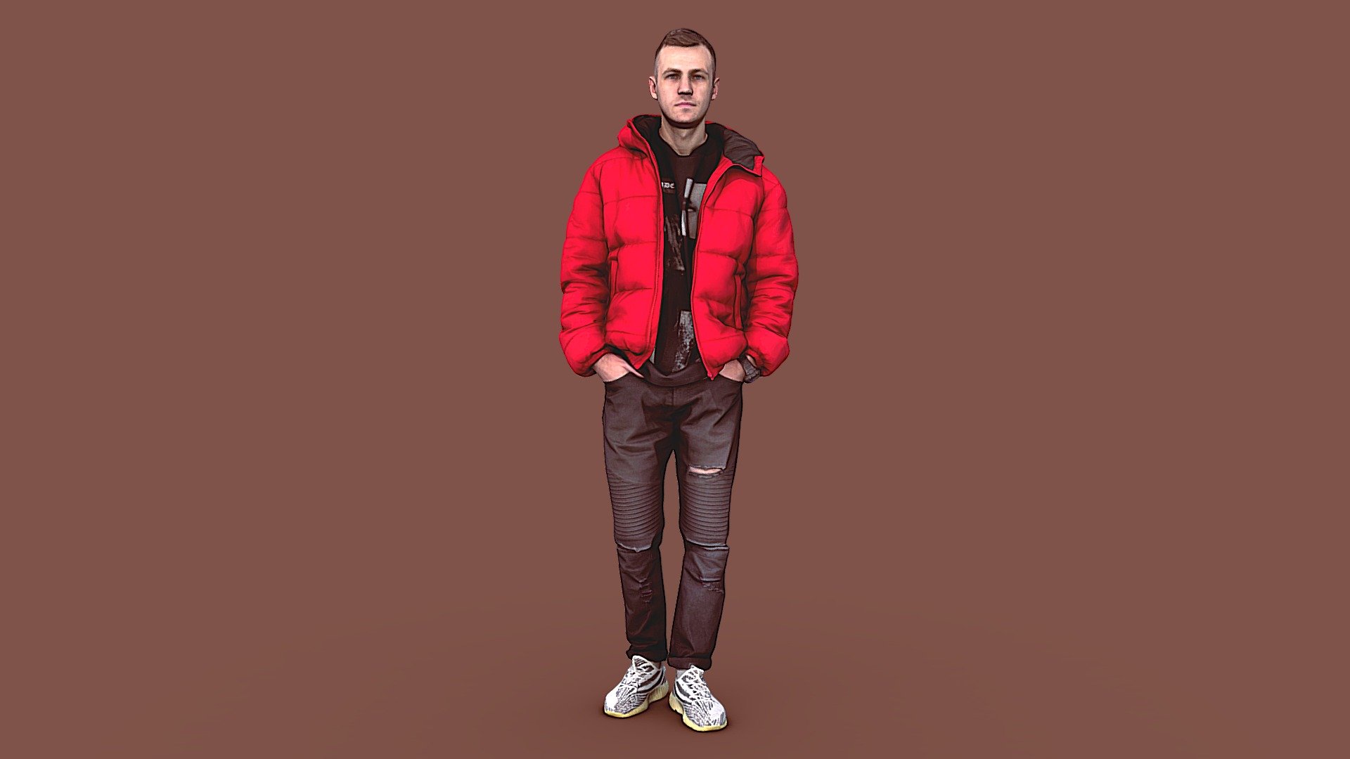 Follow us on instagram ✌🏼

✉️ A young guy of short stature and thin build, in black ripped jeans and a red down jacket, stands relaxed, looks straight, hands in his pockets.

🦾 This model will be an excellent mid-range participant. It does not need to be very close and try to see the details, it reveals and demonstrates its texture as much as possible in case of a certain distance from the foreground.

⚙️ Photorealistic Casual Character 3d model ready for Virtual Reality (VR), Augmented Reality (AR), games and other real-time apps. Suitable for the architectural visualization and another graphical projects. 50 000 polygons per model 3d model