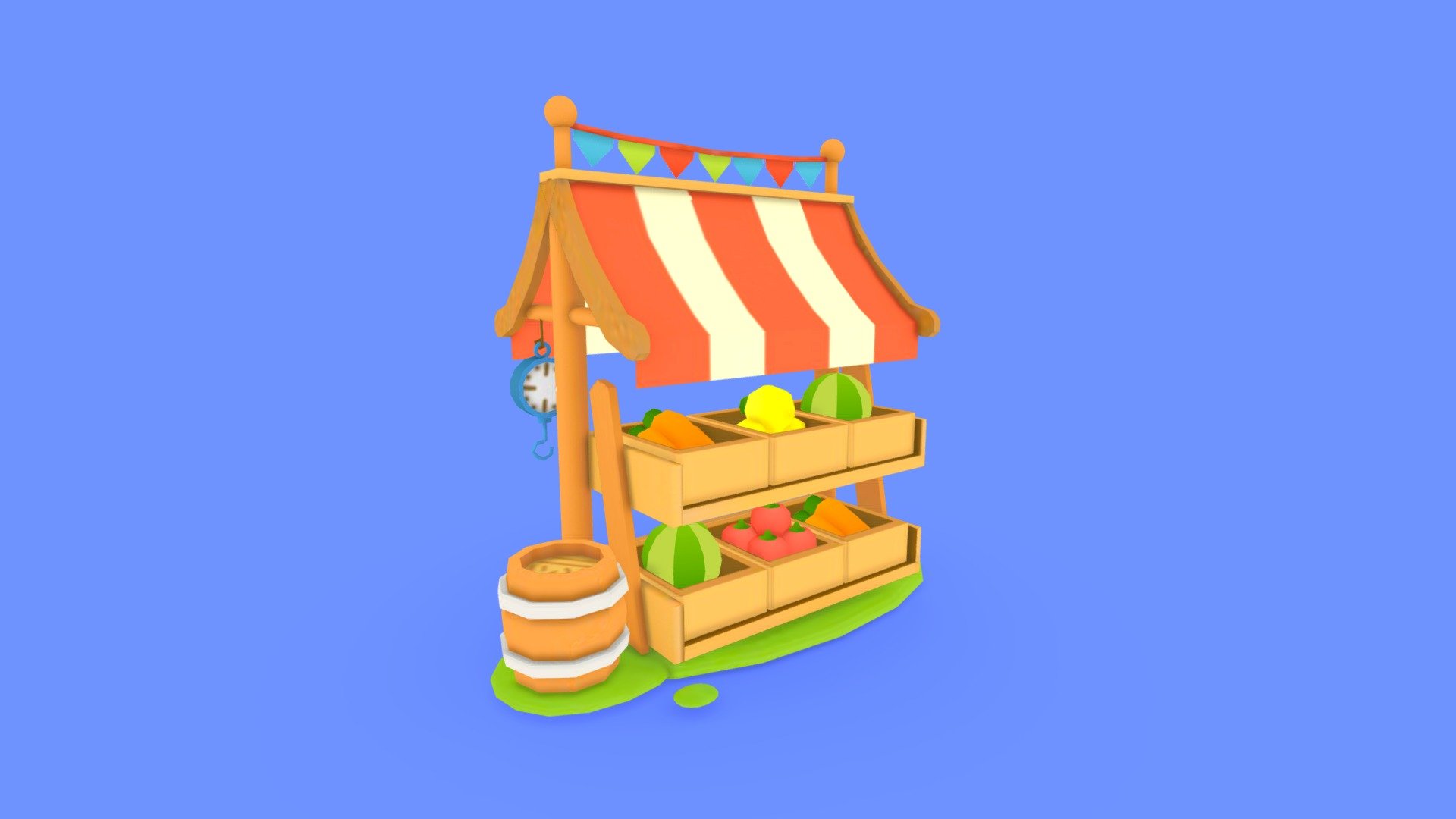 Shop with fresh vegetables and fruits.
By reference https://www.behance.net/gallery/74157009/Market-Square/modules/431346151 - Vegetables shop - Download Free 3D model by adamaysils 3d model