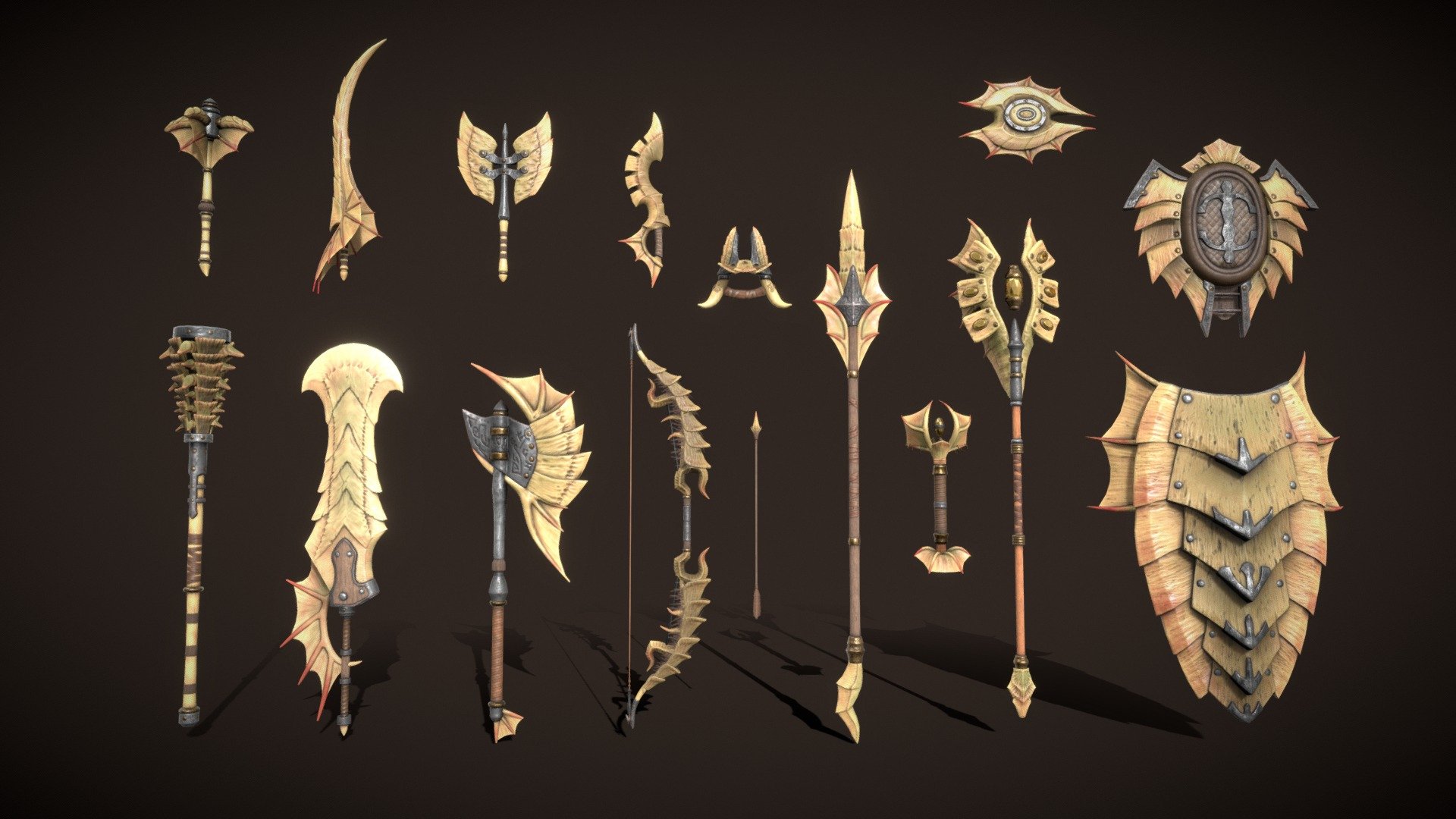 A set of fantasy Chitin weapons.

The set consists of sixteen unique objects.

PBR textures have a resolution of 2048x2048.

Total polygons: 67130 triangles; 34648 vertices.

1) Sword (one-handed) - 3360 tris

2) Sword (two-handed) - 2870 tris

3) Mace (one-handed) - 3570 tris

4) Mace (two-handed) - 13556 tris

5) Ax (one-handed) - 2892 tris

6) Ax (two-handed) - 2964 tris

7) Lance - 2792 tris

8) Dagger - 1776 tris

9) Brass knuckles - 2096 tris

10) Bow - 9300 tris

11) Staff - 5964 tris

12) Scepter - 4424 tris

13) Shield (small) - 3000 tris

14) Shield (medium) - 5212 tris

15) Shield (great) - 2824 tris

16) Arrow - 530 tris

Archives with textures contain:

PNG textures - base color, metallic, normal, roughness, opacity, glow

Texturing Unity (Metallic Smoothness) - AlbedoTransparency, MetallicSmoothness, Normal, Emission

Texturing Unreal Engine - BaseColor, Normal, OcclusionRoughnessMetallic, Emissive - Fantasy Weapon Chitin set - 3D model by zilbeerman 3d model