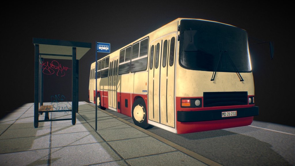 Created a bus, and a little bus stop 3d model