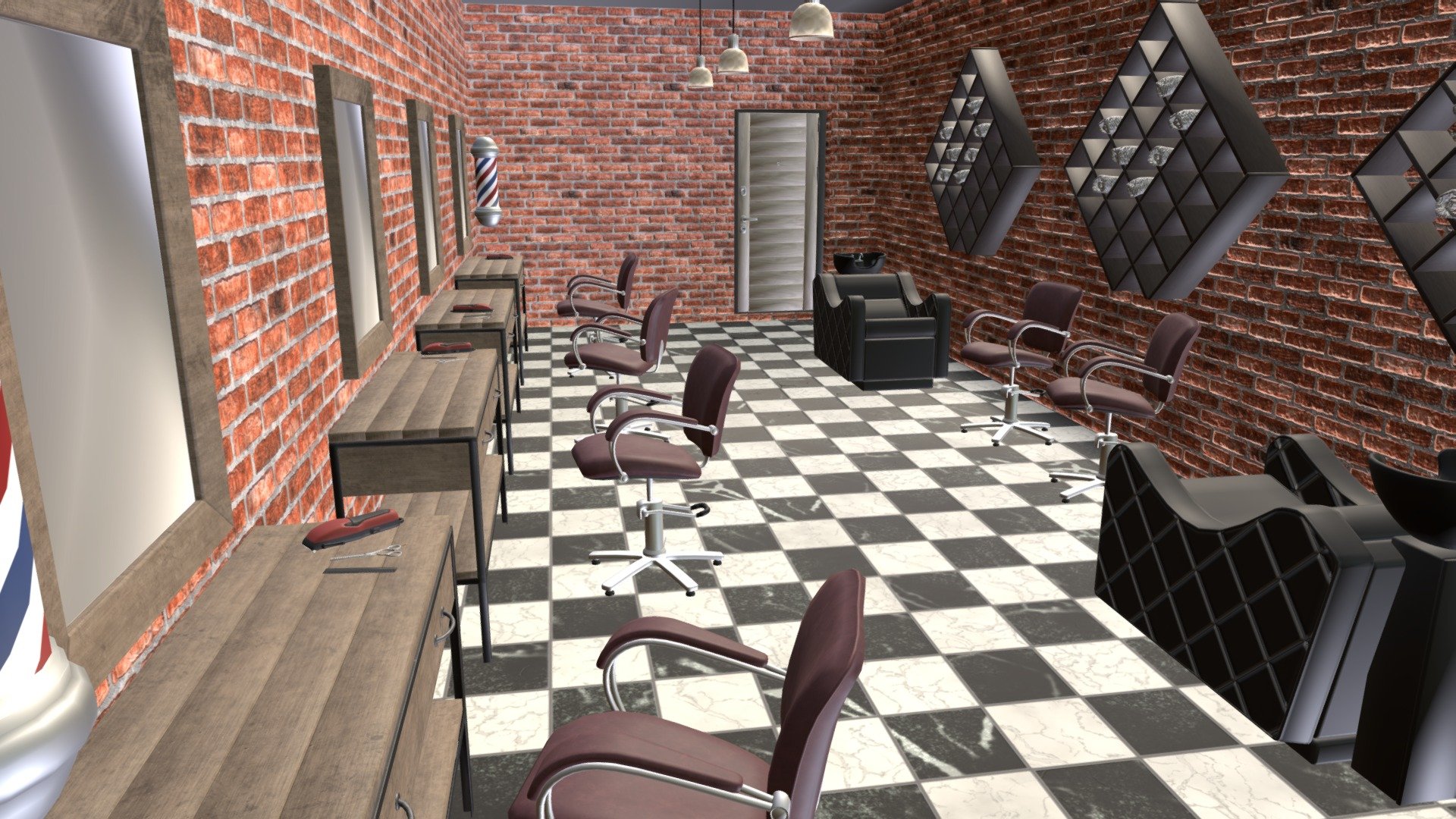 Mixaill studio presents a good solution for your games, VR projects and simulators.
Barber shop - interior and props is a room with equipment, furniture, interior items that will help you save time on implementing your ideas.
Pack includes a large set of necessary models:
room
door
barber's chair
table with mirror
Barber’s Pole
hair clipper
hairdresser's scisors
comb
head sink
a shelf with a towel
lamp

All textures PBR.
We really hope that we can help you, also if you have any questions and wishes please write: Mixaill(dog)gmail.com - Barber shop - interior and props - Buy Royalty Free 3D model by Mixall (@Mixaills) 3d model