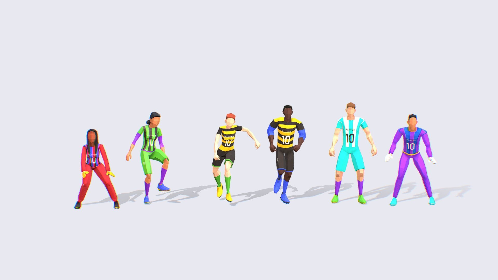 FOOTBALL SOCCER PLAYERS
Our animated and rigged low poly people packs come in a variety of styles and themes, from realistic and sci-fi to fantasy, and are expertly crafted to provide seamless integration into your workflow. Our experienced team animators and riggers have painstakingly created each character to ensure they move and behave with a lifelike quality that will captivate your audience.

Includes:




Independent Rest Pose in files: FBX, OBJ, GLB -for easy rigging

Independent Animated -FBX, BLEND (Native) -file includes all 6 animations

Textures created for the pack.

PROPS AND EXTRA MODELS INCLUDED AS SEEN ON 3D MODEL
Make your crowds stand out from your competition with our collection of low poly people with amazing possibilities.





This pack is the first that we upload with our 3RD GENERATION of Animated Low-Poly People and it will be included in The Compilation
 - Football Soccer Players  - Animated & Rigged - Buy Royalty Free 3D model by Studio Ochi (@studioochi) 3d model