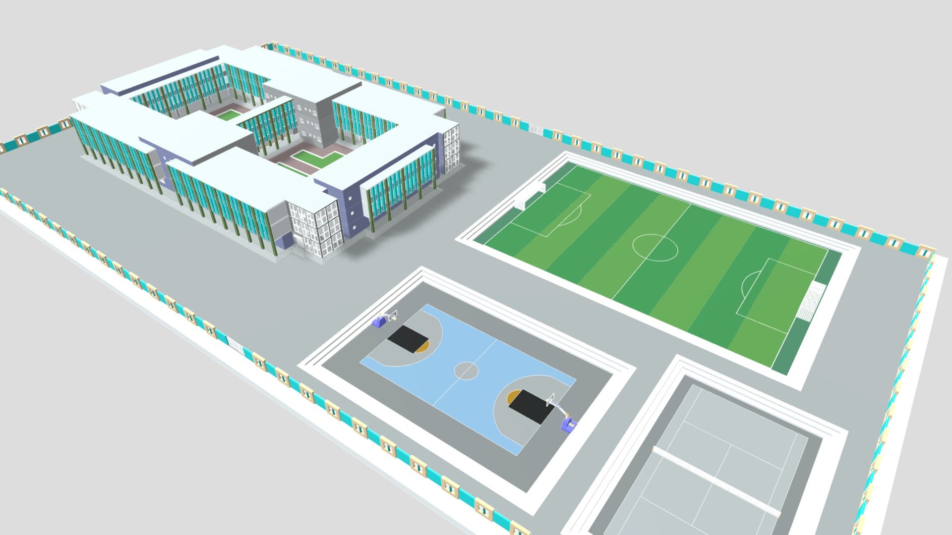 This descriptive memory is about a school with 44 classrooms, a meeting room, a computer room, a secretary, a library, a canteen, a multimedia room, 8 laboratory, directory, vice-directory, teachers' rooms, 18 public bathrooms and 24 private bathrooms,a baskebal court a soccer field and a tennis court 3d model