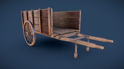Old Wooden Cart wooden, wheels, prop, medieval, pull, cart, ready, barrow, metal, old, iron, push, forged, cartwheel, game, 3d, pbr, rigged, hand, metalurgy
