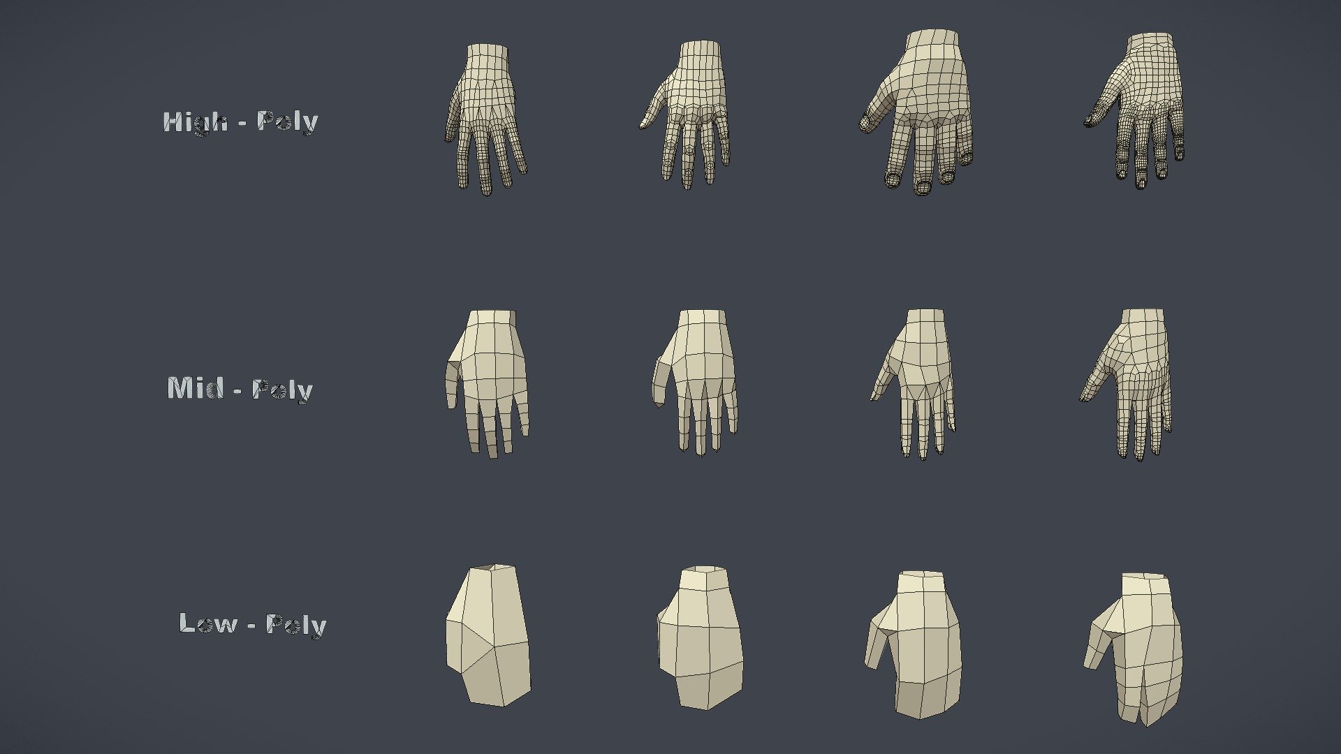 Hi everybody. Introducing to everyone 12 optimized hands mesh sets from lowest to highest version. Convenient for rendering and artistic creation.



Package description:





Collection includes 12 model Hands files ( FBX ) 

Mesh amounts range from 36 tris to 7222 tris

The mesh part connects the wrist from 4, 5, 6, 8, 10.



Model reference Legs: https://sketchfab.com/3d-models/legs-pack-a0e55a2076d94fb3a0205134ad266dd6

Model reference head: https://sketchfab.com/3d-models/mesh-head-a3186afdef4b41038adf4278aa6307d3



Contact me for support. Hope to receive feedback from everyone. Thank - Hands Pack - Buy Royalty Free 3D model by DuNguyn - Assets store (@nguyenvuduc2000) 3d model