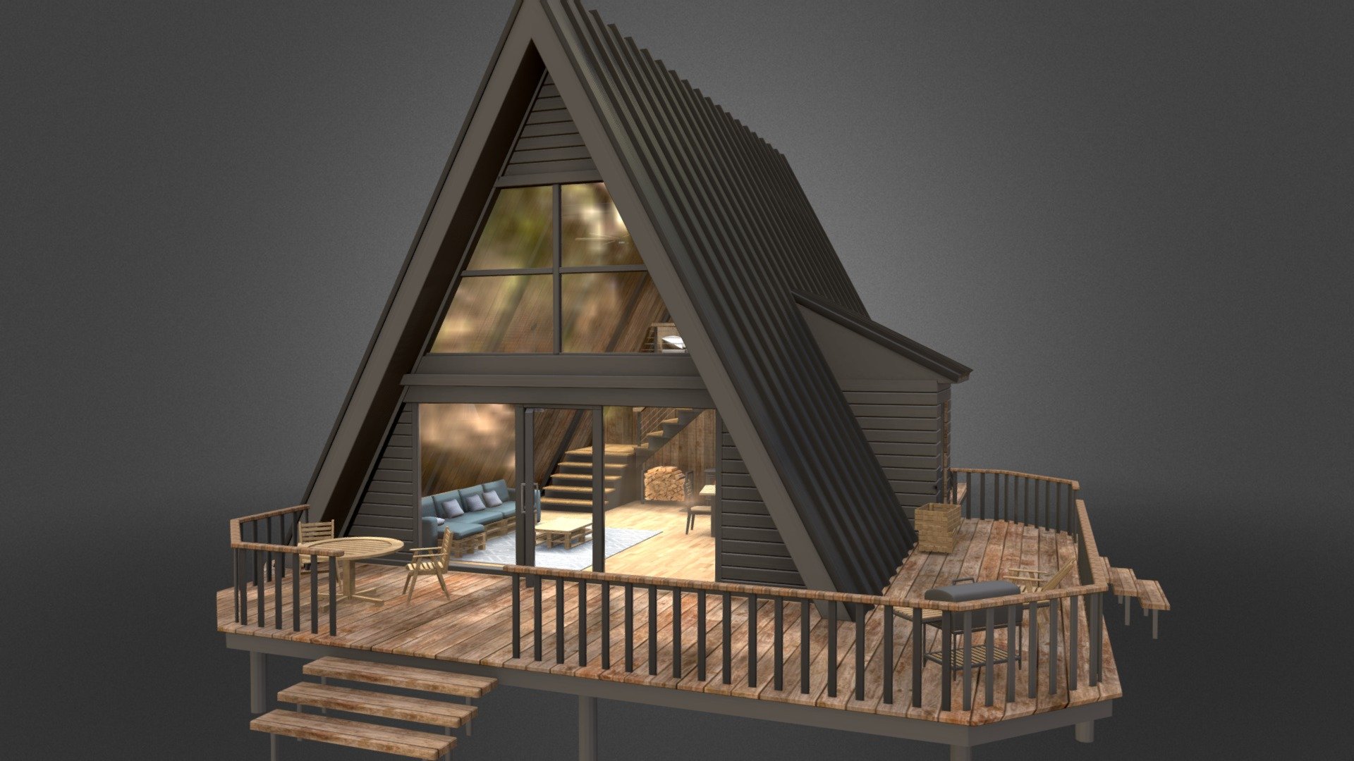 A-Frame cabin with full exterior and interior 3d model