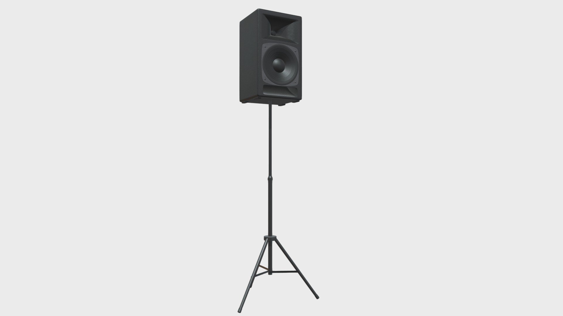 === The following description refers to the additional ZIP package provided with this model ===

2-way bass reflex loudspeaker on an extendable tripod stand 3D Model. 3 individual objects (tripod base, tripod extension, loudspeaker), sharing the same non overlapping UV Layout map, Material and PBR Textures set. Production-ready 3D Model, with PBR materials, textures, non overlapping UV Layout map provided in the package.

Quads only geometries (no tris/ngons).

Formats included: FBX, OBJ; scenes: BLEND (with Cycles / Eevee PBR Materials and Textures); other: png with Alpha.

3 Objects (meshes), 1 PBR Material, UV unwrapped (non overlapping UV Layout map provided in the package); UV-mapped Textures.

UV Layout maps and Image Textures resolutions: 2048x2048; PBR Textures made with Substance Painter.

Polygonal, QUADS ONLY (no tris/ngons); 61825 vertices, 60688 quad faces (121376 tris).

Real world dimensions; scene scale units: cm in Blender 3.1 (that is: Metric with 0.01 scale) 3d model