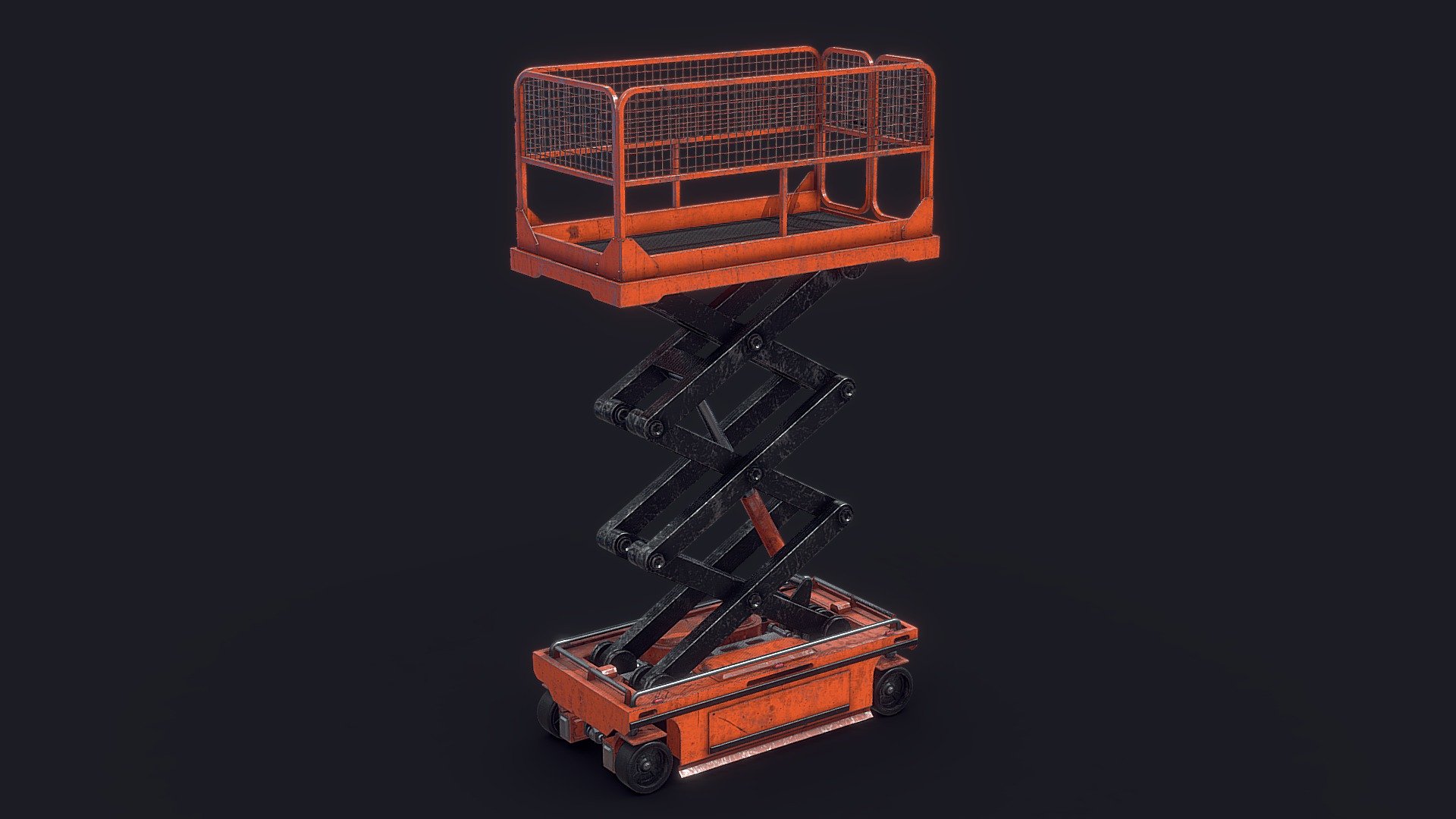 Orange movable scissor freight lift with slitghy damages.

Specification:




Model is in a real scale

Height: 380cm

Polygons: 285754

Verticles: 148212

Only Quads and Triangles used

Non-overlapping UV mapping

Formats:




3ds max 2017 V-Ray (native)

3ds max 2017 Arnold

Cinema R20

Cinema R20 V-Ray

Blender Cycles

FBX

OBJ
 - Scissor Freight Lift II - Buy Royalty Free 3D model by Fusemesh 3d model