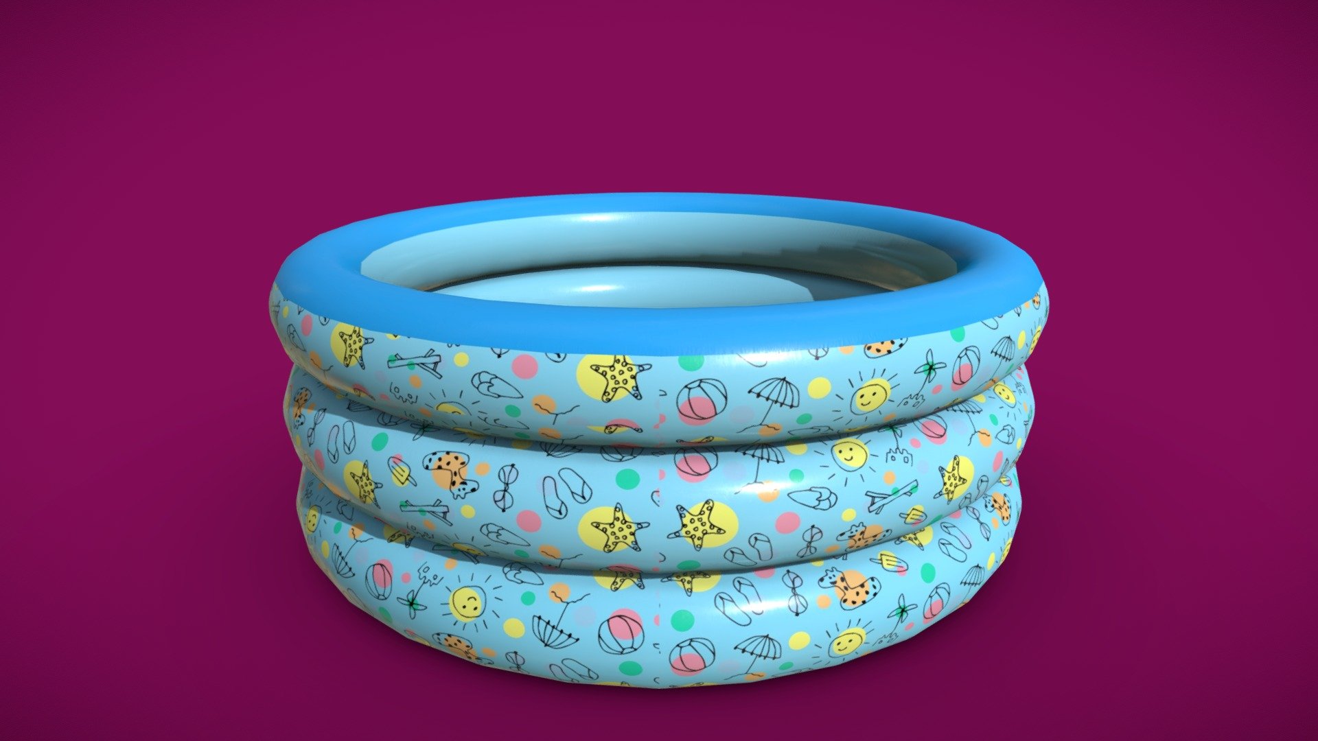 This is a 3D model of a Paddling Pool Inflatable For Family

Made in Blender 2.9x (Cycles Materials) and Rendering Cycles.
Main rendering made in Blender 2.9 + Cycles using some HDR Environment Textures Images for lighting which is NOT provided in the package!

What does this package include?
3D Modeling of an Inflatable for kids large size
2K and 4K Textures (Base Color, Normal Map, Roughness, Ambient Occlusion) 
Important notes 
File format included - (Blend, FBX, OBJ, MTL)
Texture size -  2K and 4K 
Uvs non - overlapping
Polygon: Quads
Centered at 0,0,0
In some formats may be needed to reassign textures and add HDR Environment Textures Images for lighting.
Not lights include 
Renders preview have not post processing
No special plugin needed to open the scene.
If you like my work, please leave your comment and like, it helps me a lot to create new content.
If you have any questions or changes about colors or another thing, you can contact me at  we3domodel@gmail.com - Paddling Pool Inflatable For Family - Buy Royalty Free 3D model by We3Do (@giovanny) 3d model