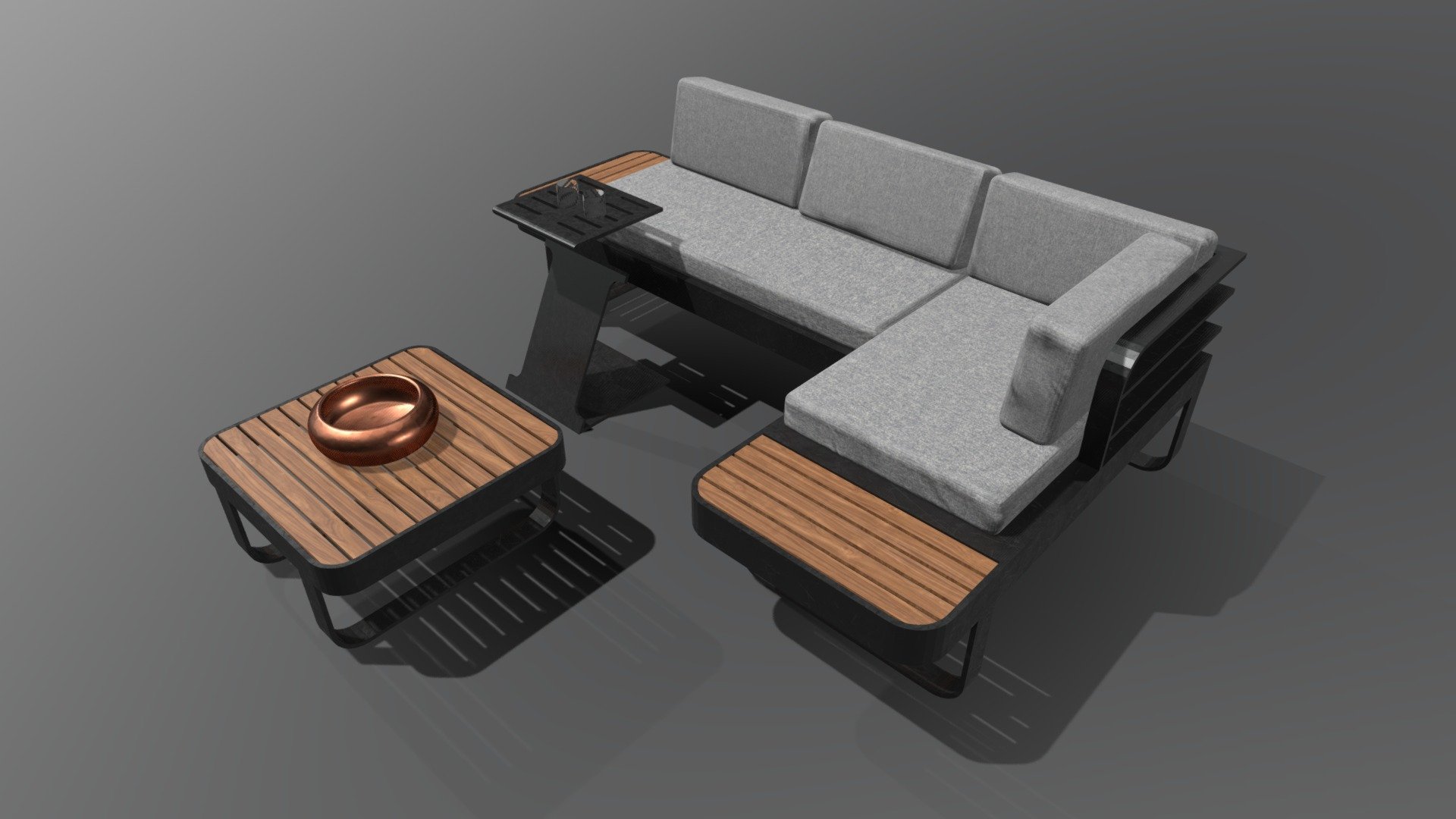 Outdoor couch with 2 additional tabels. The cushions are lowpoly with baked normals 3d model