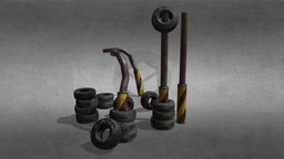 Tire Stacks and Traffic Poles tire, traffic, road, damaged, props, tirestack, gameasset, street