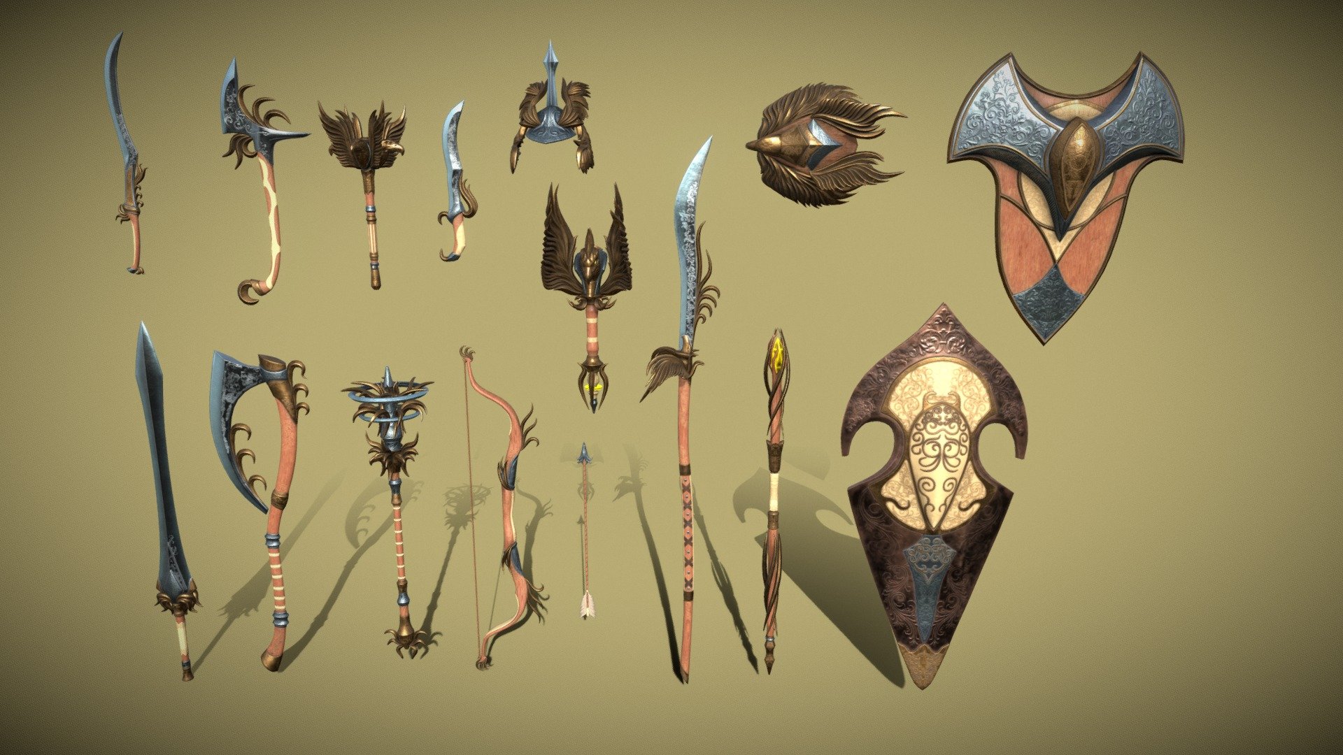 A set of fantasy Elf weapons.

The set consists of sixteen unique objects.

PBR textures have a resolution of 2048x2048.

Total polygons: 72860 triangles; 36945 vertices.

1) Sword (one-handed) - 3234 tris

2) Sword (two-handed) - 4336 tris

3) Mace (one-handed) - 7664 tris

4) Mace (two-handed) - 8572 tris

5) Ax (one-handed) - 1590 tris

6) Ax (two-handed) - 2614 tris

7) Lance - 4606 tris

8) Dagger - 1162 tris

9) Brass knuckles - 7170 tris

10) Bow - 4936 tris

11) Staff - 3600 tris

12) Scepter - 7252 tris

13) Shield (small) - 8318 tris

14) Shield (medium) - 3796 tris

15) Shield (great) - 3142 tris

16) Arrow - 868 tris

Archives with textures contain:

PNG textures for blender - base color, metallic, normal, roughness, opacity, glow

Texturing Unity (Metallic Smoothness) - AlbedoTransparency, MetallicSmoothness, Normal, Emission

Texturing Unreal Engine - BaseColor, Normal, OcclusionRoughnessMetallic, Emissive - Fantasy Elf Weapon Set - 3D model by zilbeerman 3d model