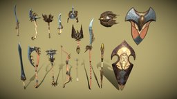 Fantasy Elf Weapon Set arrow, set, axes, bow, staff, shields, scepter, swords, game-ready, maces, pbr-texturing, fantasy