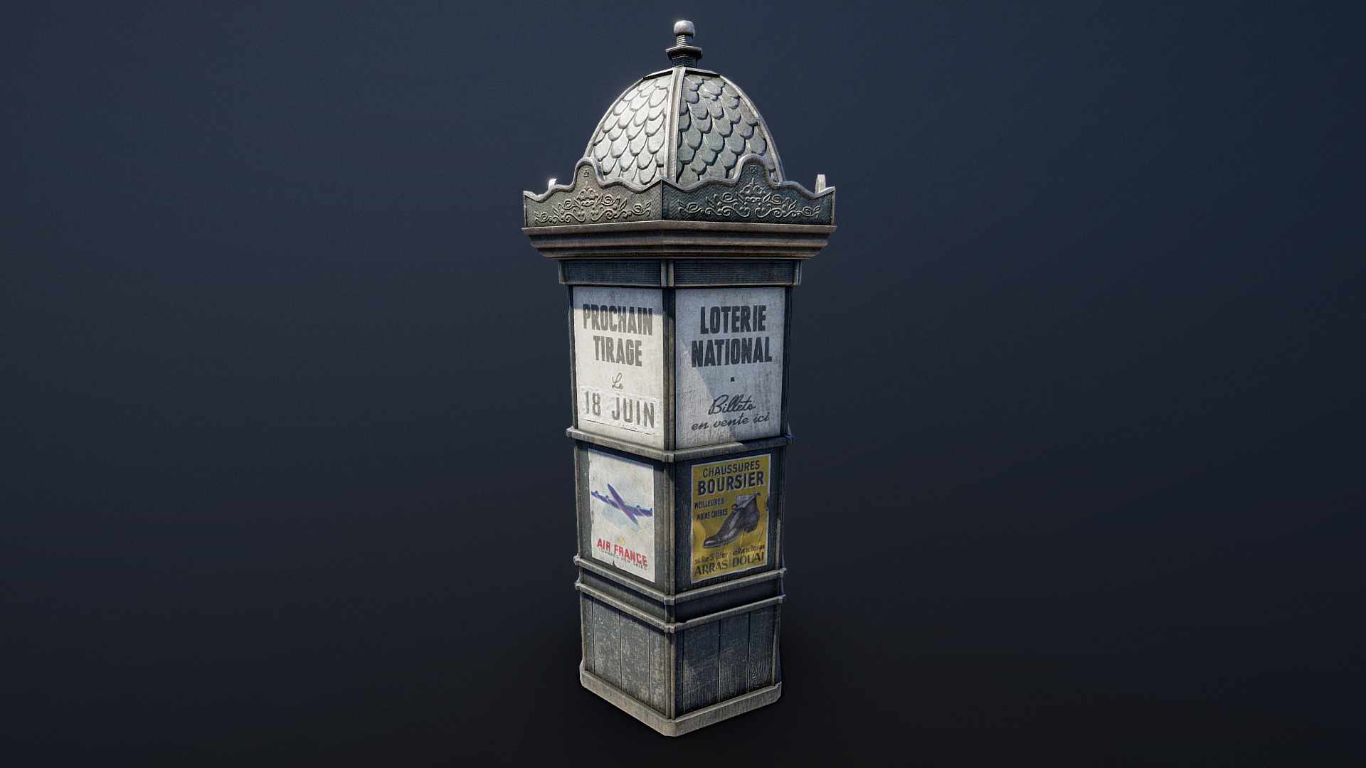 This asset was created for Rendezvous &ndash; a VR experience that takes place in 1940s France. 

Advertising / news kiosk that was typically found in France during the 1940s. This asset was created using historic reference 3d model