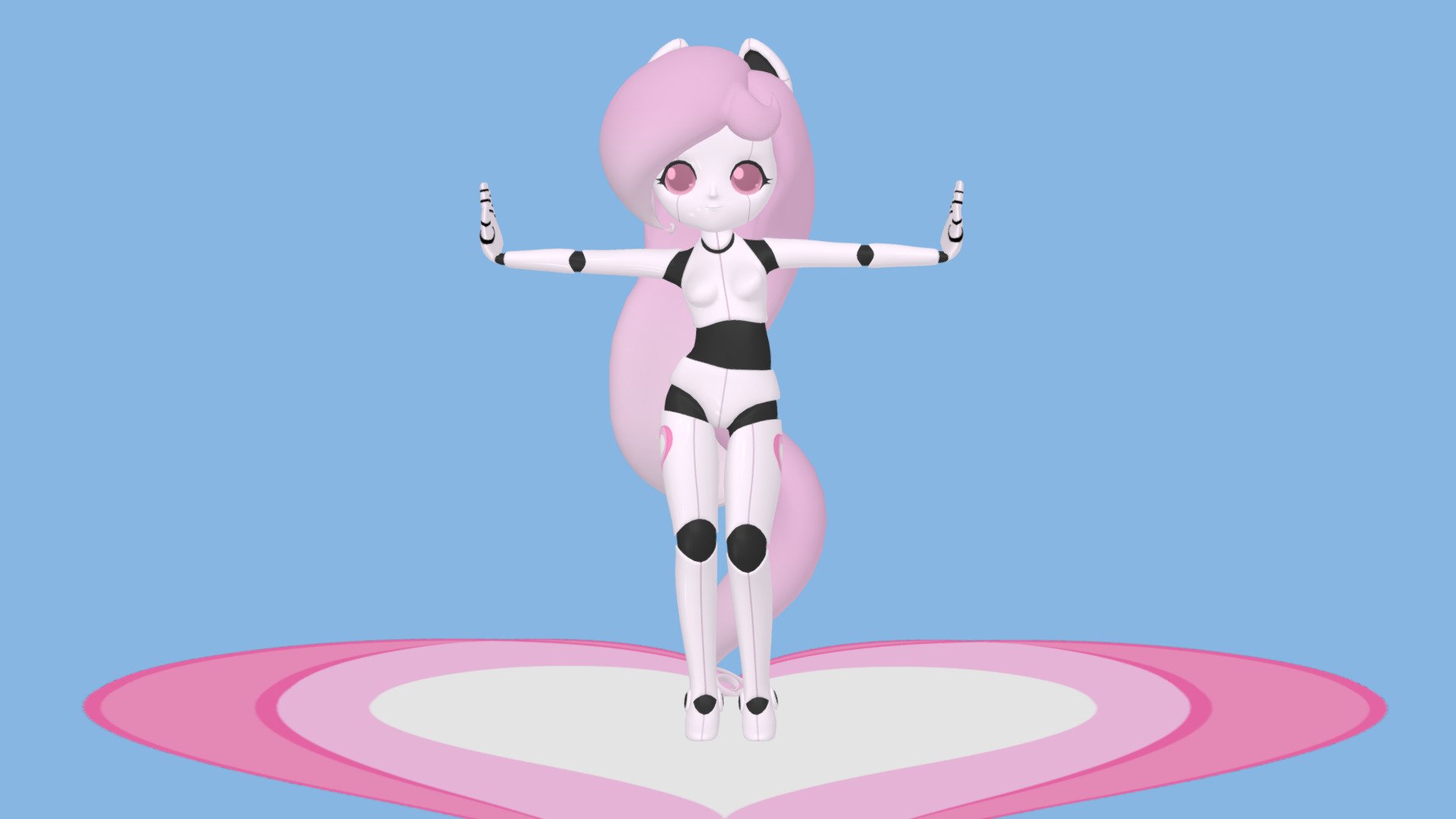 This is a humanoid version of Cyberia Heart, originally a robot pony OC of mine. Her design was heavily inspired by Portal and Sweetie Bot. 

In-universe, she is part of a new line of robots who are able to analyze and mimic emotions from sentient beings. She follows a modified version of Asimov's three laws of robotics, and is under currently observation by a robopsychologist.

Her first artwork was posted on February 14, 2013. As such, Valentine's Day is her production date/birthday! - Cyberia Heart - 3D model by Jdan-S 3d model