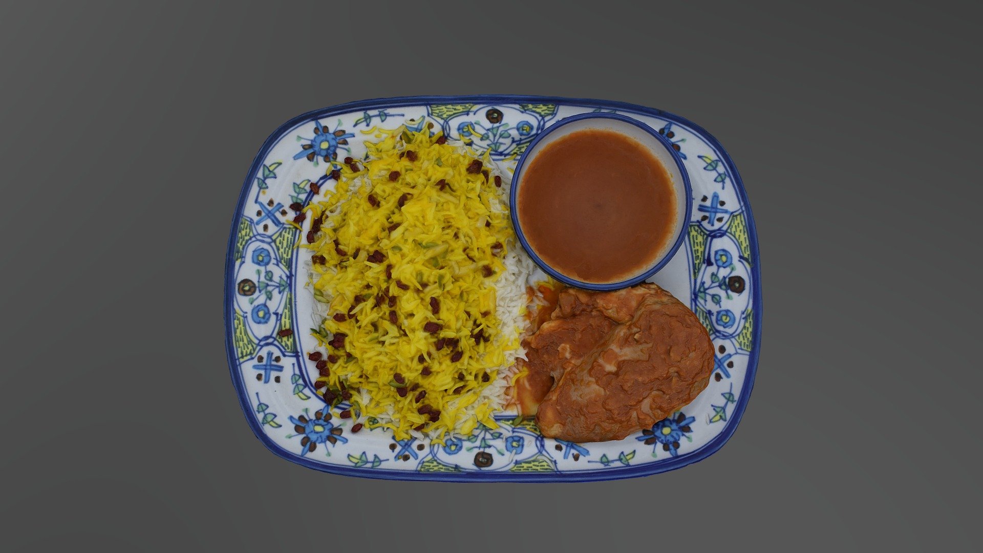 Steamed saffron rice topped with sweet and sour barberries sliced pistachio and almond served with chicken cooked in tomato sauce 3d model
