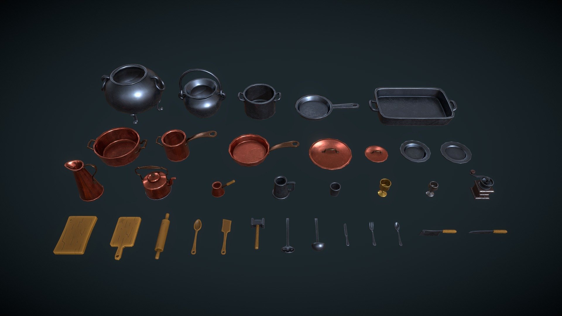The set includes: two types of cauldron, a pot, a frying pan, a baking pan, a copper pot, small copper pot, a copper frying pan, two types of copper lid, a deep plate, a shallow plate, a copper pitcher, a copper kettle, a copper coffee pot, a beer mug, a mug, a gold cup, a silver cup, a manual coffee grinder, two types of wooden cutting board, a rolling pin, a wooden spoon, a wooden spatula, a meat tenderizer, a slotted spoon, a ladle, a table knife, a fork, a spoon, a cleaver and a kitchen knife.

Texture size: 4096x4096 Including maps: Base Color, Roughness, Metalness, Normal

Lowpoly, gameready - Stylized set: Kitchen equipment - Buy Royalty Free 3D model by Mamo3D 3d model