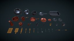 Stylized set: Kitchen equipment pot, coffee, plate, set, lid, fork, silver, mug, pan, spoon, kettle, pitcher, ladle, beer, cleaver, metal, kitchen, copper, tenderizer, rolling-pin, cutting-board, spatula, frying-pan, knife, handpainted, asset, lowpoly, cauldron, gameasset, wood, stylized, cup, gold, gameready, coffeegrinder, table-knife, slotted-spoon