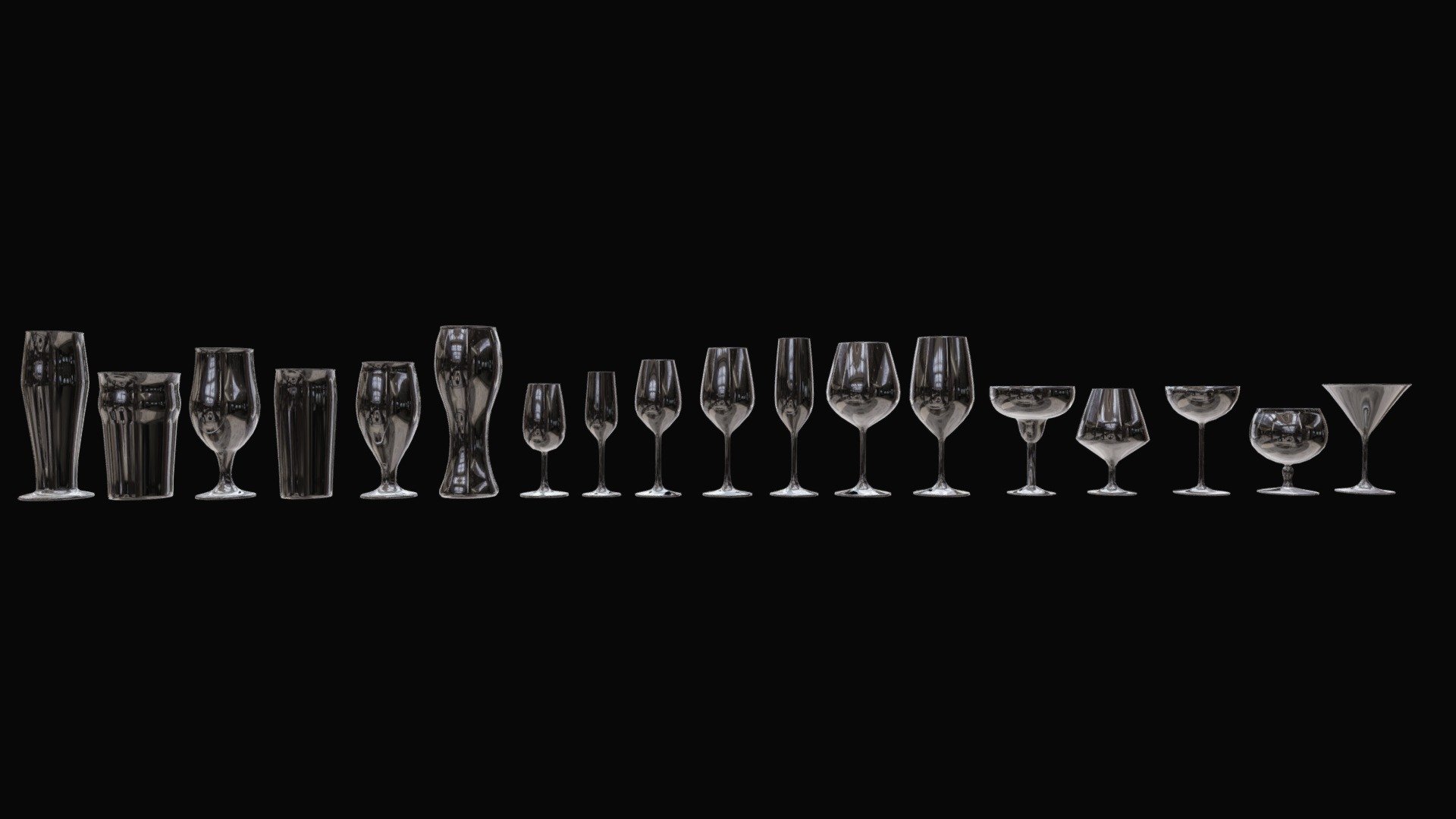 This Package includes an array of different types of alcoholic beverage glasses.

This file has a total of 18 glasses that include, 6 different types of beer glasses, 7 wine glasses and 5 cocktail glasses. These glasses are empty to allow individuals to put whatever they like into them.

These glasses can be adapted to be game asset ready and can be used for a range of scenarios and scenes such as architectural visualisation, food visualisation, product advertising, 3D printing etc.

Blender 2.80 was used to model these glasses

Thanks for choosing this product 3d model