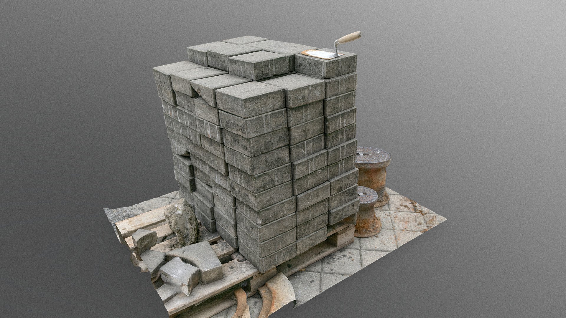Concrete sidewalk bricks tiles Stacked bricks pile stack heap, construction building debris rubble waste material

photogrammetry scan (120x36MP), 4x8K textures + HD Normals (as additional .zip) - Concrete bricks stack - Buy Royalty Free 3D model by matousekfoto 3d model