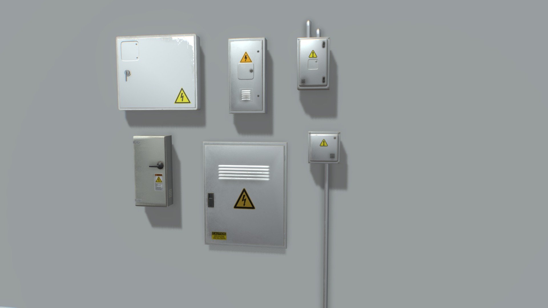 Pack of 6 electrical boxes based in real ones. Real scale.

Comes with 4096x PBR textures including Albedo, Normal, Metalness, Roughness and AO.

Total verts 2200 polys 4000 - Electrical Box Pack 1 - Buy Royalty Free 3D model by 32cm 3d model