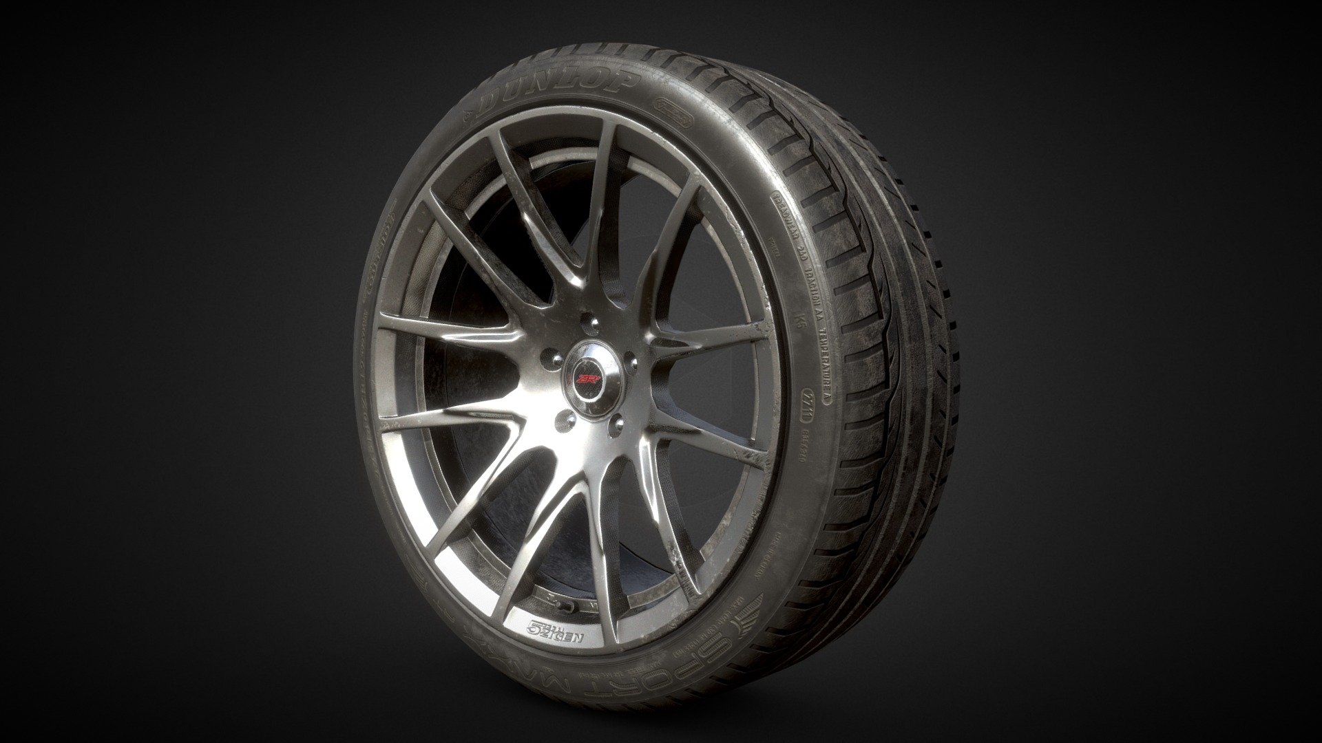 PBR Low Poly 3d model of car rim by 5Zigen - 19'&lsquo;, J9, ET37, 5x114,3. And Dunlop Sport Maxx tire - 225/40 R19 3d model
