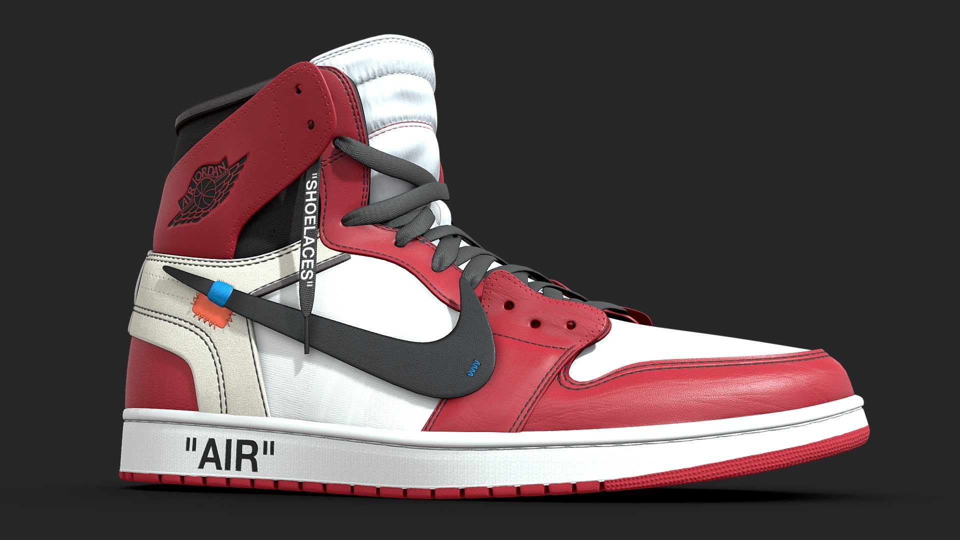 One of the most hyped sneakers of 2017. The Air Jordan 1 x Off White features a half finished, in construction type of look, with exposed foam and hastily stitched on swoosh. 

Modelled in Blender and textured in Substance, no detail went overlooked in the creation of this shoe. As a result it is subdivision ready. Unwrapped with quality at the forefront, the four texture sets allow the materials to take centre stage. 

What's included
Firstly, two versions of this model. The base version with 4 texture sets per shoe, and a One Mesh version that uses only 1 texture set per shoe. Both models are identical, only how they are unwrapped is different. The two texture sets have 5 maps, namely: Ambient Occlusion, Base Color, Metallic, Normal, and Roughness. All textures are 4096x4096. Meaning the One Mesh version has 4 2048x2048 textures.

Video: https://youtu.be/rJsc5XdW88c - Jordan 1 Off White Chicago - Buy Royalty Free 3D model by Joe-Wall (@joewall) 3d model