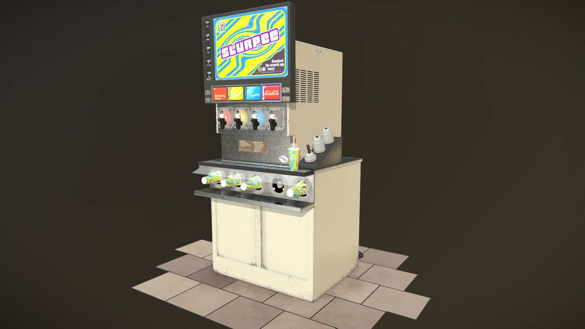 Realtime replica of a Slurpee Machine. The silly thing that started it all, this model is a passionate re-do of the first model I ever made. I decided to stuff in as many details as I possibly could since this one is very special to me. &lt;3
https://www.artstation.com/artwork/o2KRLW

Modeled in Blender and textured in Substance Painter.

I first discovered 3D art back in the summer of 2010 when I started making props for the game Garry's Mod while I was in middle school.

You can see a screenshot of the original below:

 - Slurpee Machine - 3D model by Olivia Sabatka (@discopears) 3d model