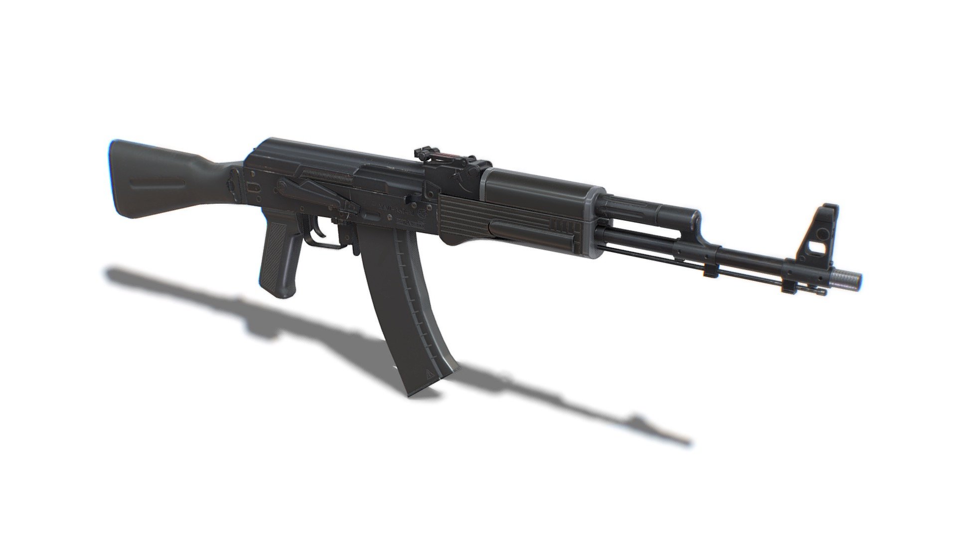 The model looks like an Assault Rifle АК-74М. All parts of the model were made in full accordance with the original. Each dynamical part is separated and has correct pivot points, that allow easy animation and use in games. 

Advanced information:
- single material for whole mesh;
- set of 4K PBR textures;
- set of 4K Unreal PBR textures;
- set of 4K Unity PBR textures;
- set of 4K CryEngine PBR textures;
- FBX, DAE, ABC, OBJ and X3D file formats;
- 4 level of details;

Mesh details:
LOD0 - 5700
LOD1 - 2849
LOD2 - 1424
LOD3 - 299 - Assault Rifle AK-74М - 3D model by FreakGames 3d model