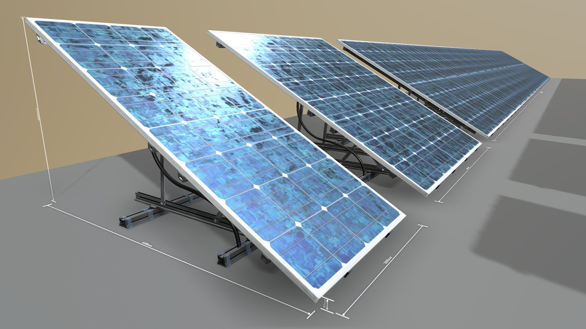 Here are some new versions for the rigged solar panels.





Parts:




Object - 1_solar_panels_2m 

2.121m x 4.854m x 0.683m

Polygons = 6082






Object - 1_solar_panels_4m 

4.124m x 4.854m x 0.683m

Polygons = 11302






Object - 1_solar_panels_32m 

31.998m x 4.854m x 0.683m

Polygons = 84382






Object - 2_solar_panels_2m 

2.121m x 4.633m x 1.872m

Polygons = 6082






Object - 2_solar_panels_4m 

4.124m x 4.633m x 1.872m

Polygons = 11302






Object - 2_solar_panels_32m 

31.998m x 4.633m x 1.872m

Polygons = 84382






Object - 3_solar_panels_2m 

2.121m x 4.277m x 2.437m

Polygons = 6082






Object - 3_solar_panels_4m 

4.124m x 4.277m x 2.437m

Polygons = 11302






Object - 3_solar_panels_32m 

31.998m x 4.277m x 2.437m

Polygons = 84382


 - New Solar Panels (Rigged) - Buy Royalty Free 3D model by VIS-All-3D (@VIS-All) 3d model