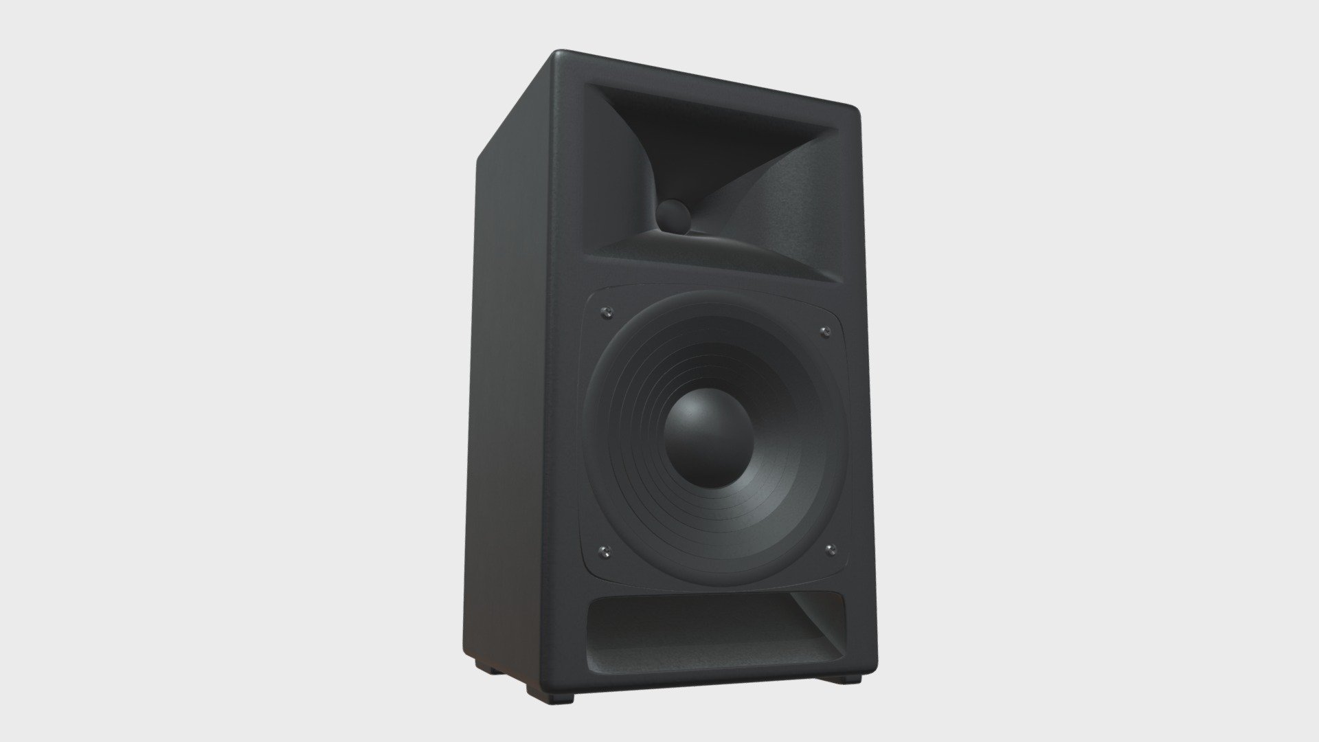 === The following description refers to the additional ZIP package provided with this model ===

2-way bass reflex loudspeaker 3D Model. Production-ready 3D Model, with PBR materials, textures, non overlapping UV Layout map provided in the package.

Quads only geometries (no tris/ngons).

Formats included: FBX, OBJ; scenes: BLEND (with Cycles / Eevee PBR Materials and Textures); other: png with Alpha.

1 Object (mesh), 1 PBR Material, UV unwrapped (non overlapping UV Layout map provided in the package); UV-mapped Textures.

UV Layout maps and Image Textures resolutions: 2048x2048; PBR Textures made with Substance Painter.

Polygonal, QUADS ONLY (no tris/ngons); 33137 vertices, 32528 quad faces (65056 tris).

Real world dimensions; scene scale units: cm in Blender 3.1 (that is: Metric with 0.01 scale).

Uniform scale object (scale applied in Blender 3.1) 3d model